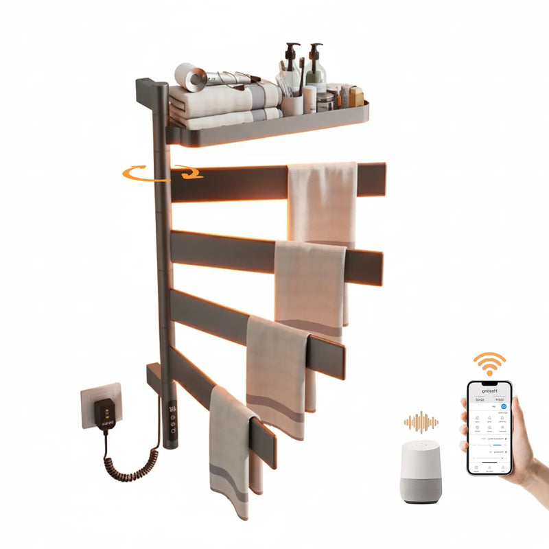 Lirion Series 18" x 30" Heated Towel Rack with 4×180° Swing Bars, Foldable Shelf & Smart LED Control - Gray