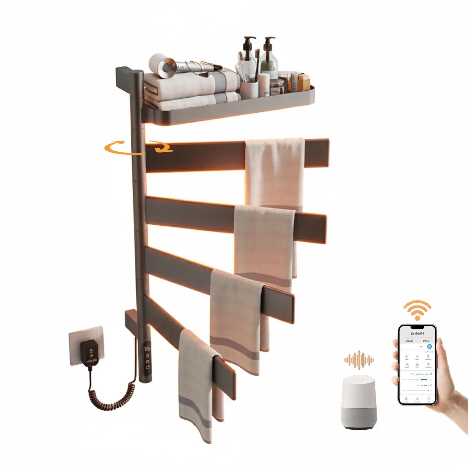 Lirion Series 18&quot; x 30&quot; Heated Towel Rack with 4×180° Swing Bars, Foldable Shelf &amp; Smart LED Control - Gray