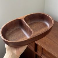 Acacia Wood Divided Jewelry Bowl with two compartments for rings, earrings, and small daily essentials.