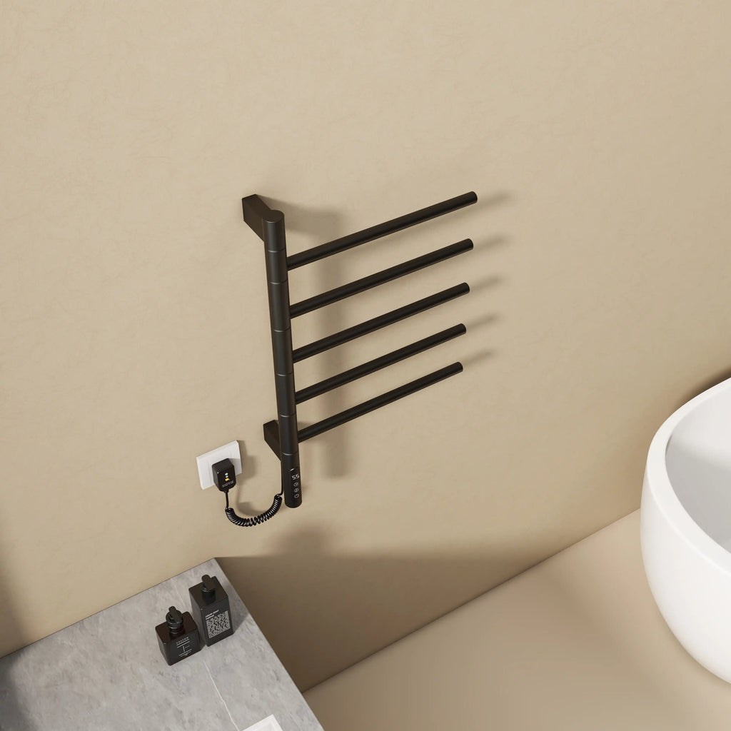 16 x 27 black heated towel rack viewed from above, mounted near a modern bathtub.