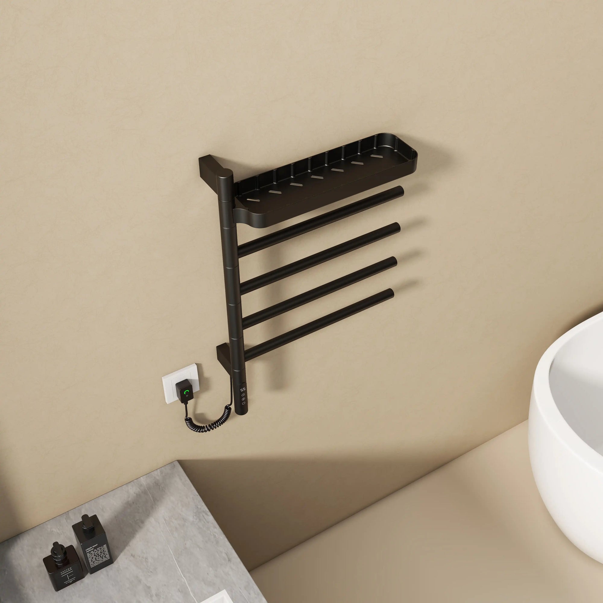 minimalist bathroom setup featuring best heated towel rack 18 x 27 with foldable arms and shelf | Ace Decor