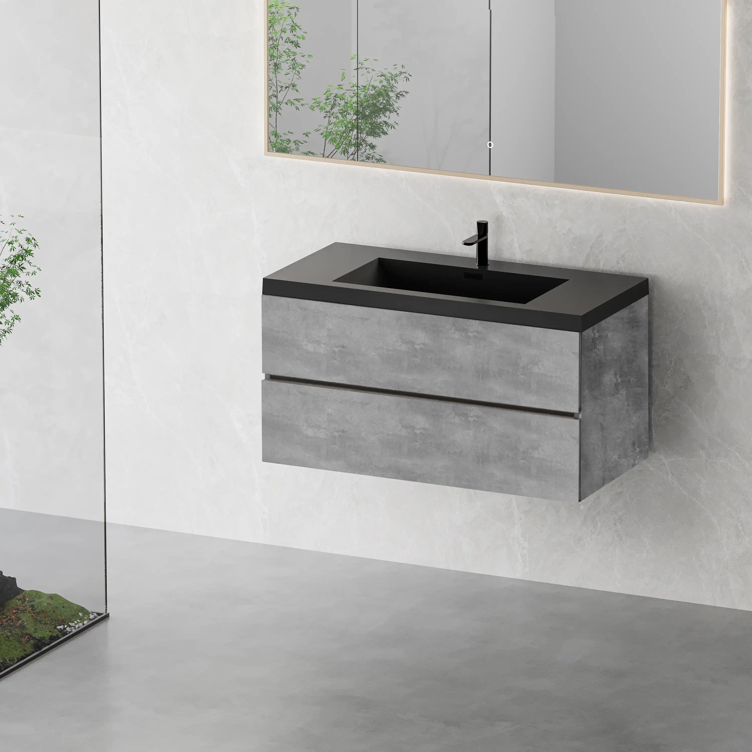 23''-47'' Floating Dark Grey Corner Vanity with Matte Black Sink - 2 Soft Close Drawers
