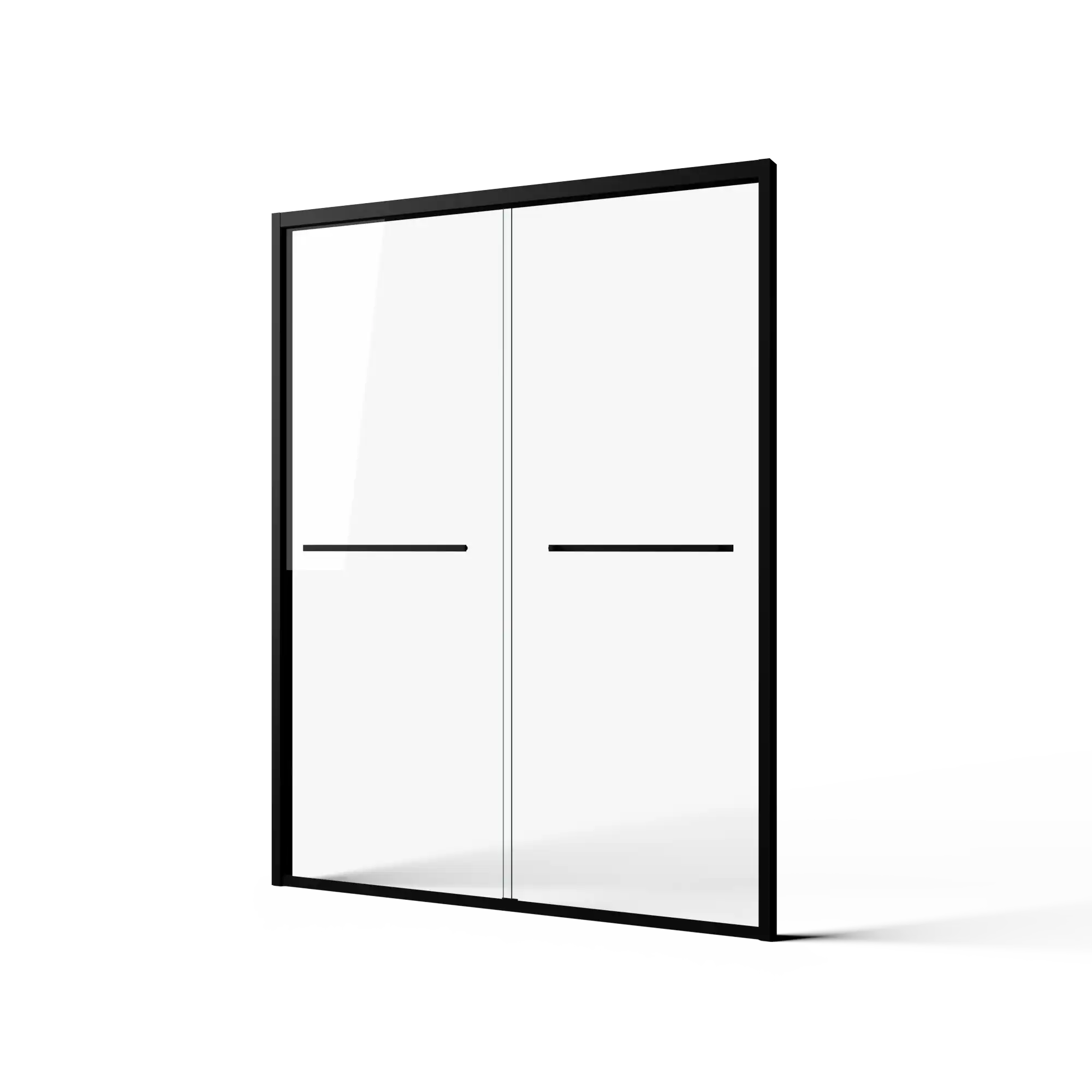 Side angled view of modern black-framed sliding doors for shower, size 60 x 70 | Ace Decor
