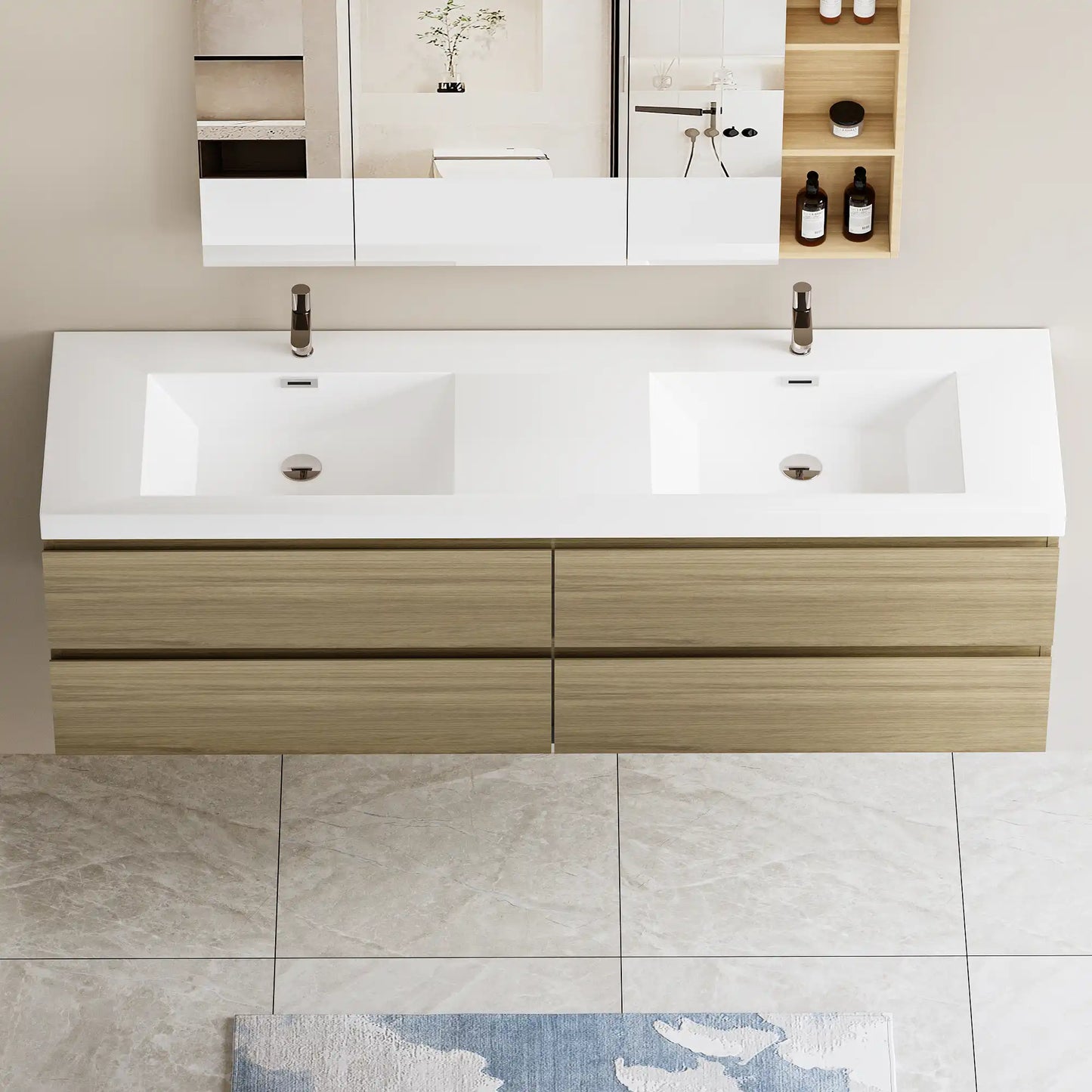 Sleek Floating Bathroom Vanity with Dual Resin Basins & Soft Close Drawers color: Oak