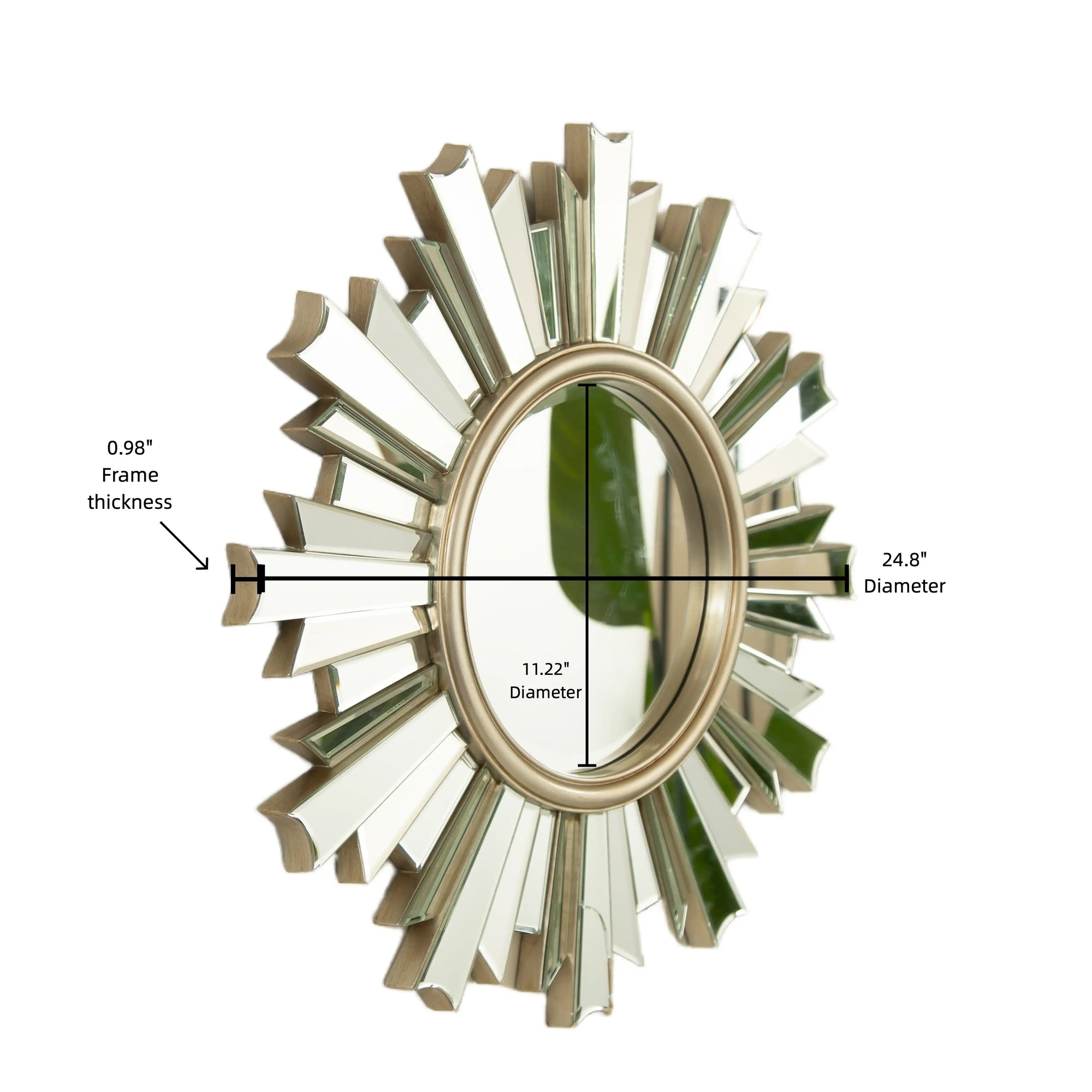 26 inch sunburst bathroom wall mirror with measured frame thickness and inner diameter | Ace Decor