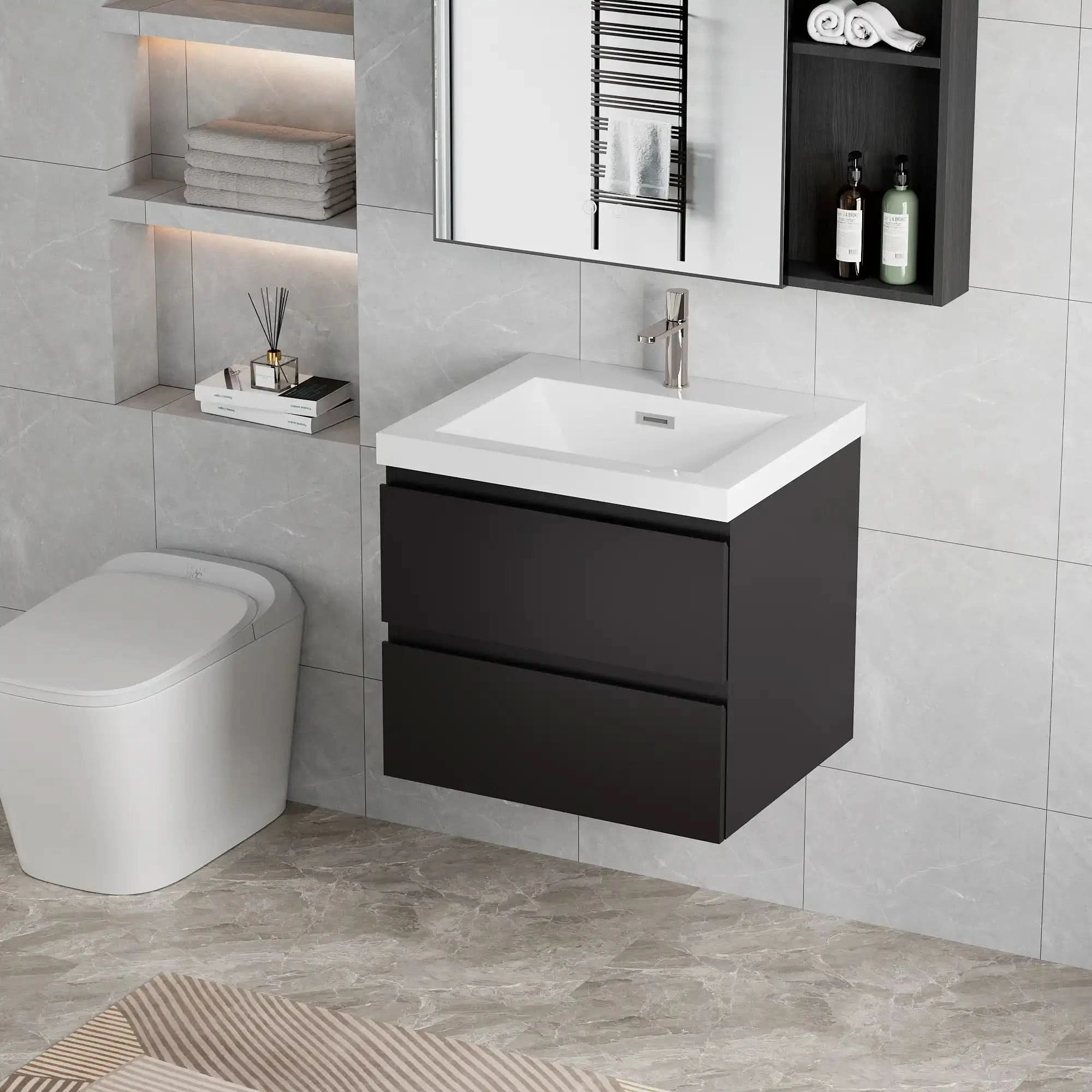 Floating Bathroom Vanity with Resin Top Basin &amp; Soft Close Drawers - Modern Wall-Mounted Storage Cabinet color: Black