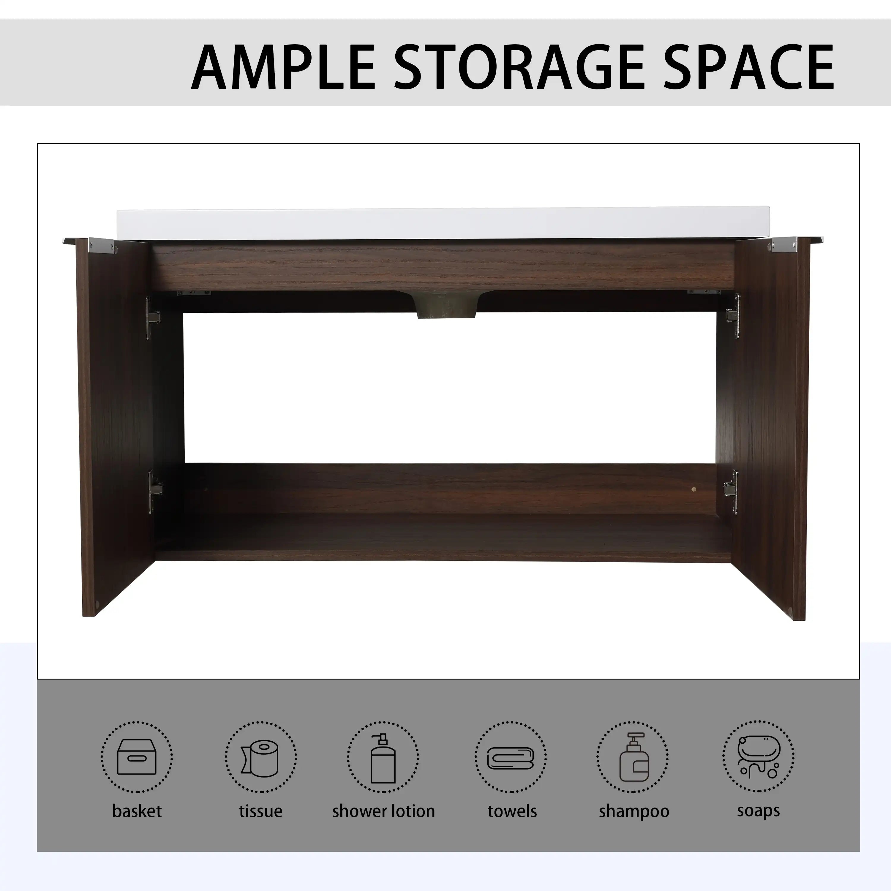 Monterey Series 36 inch bathroom vanity with double-door cabinet showing ample storage space.