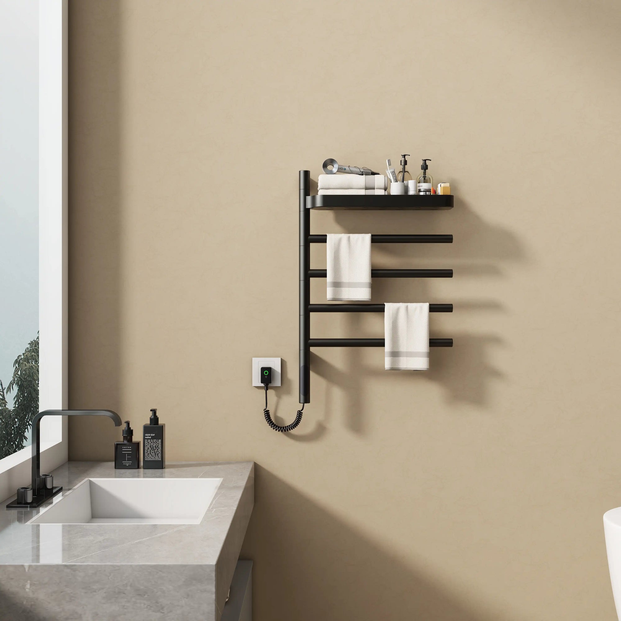 modern bathroom with best heated towel rack 18 x 27 wall mounted black design holding towels and toiletries | Ace Decor