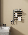 modern bathroom with best heated towel rack 18 x 27 wall mounted black design holding towels and toiletries | Ace Decor