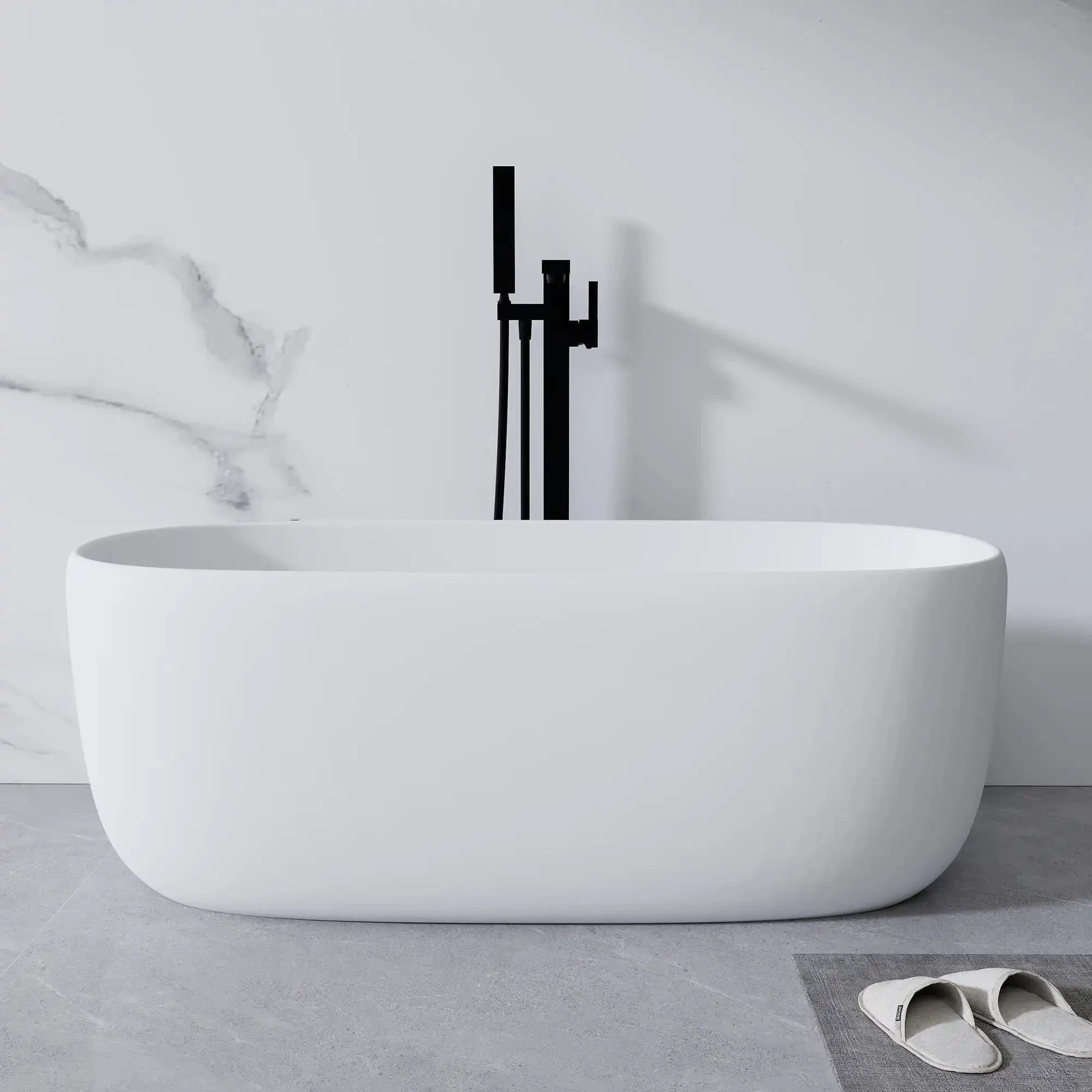 51" Seamless Resin Stone Freestanding Soaking Tub – White, with Overflow & Pop-Up Drain color: Matte White