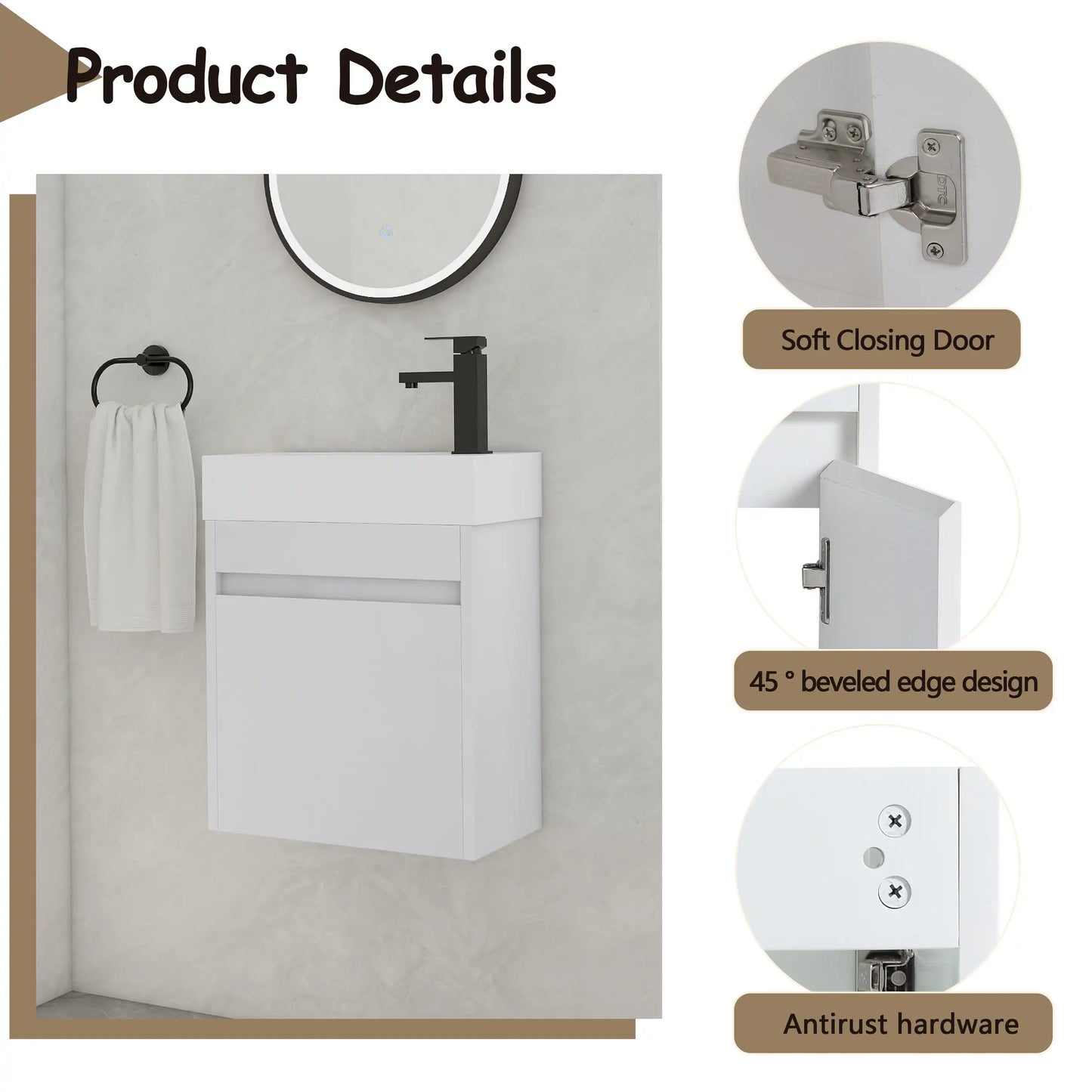 18'' Floating Bathroom Vanity with White Resin Sink & Soft-Close Door color: White Straight Grain