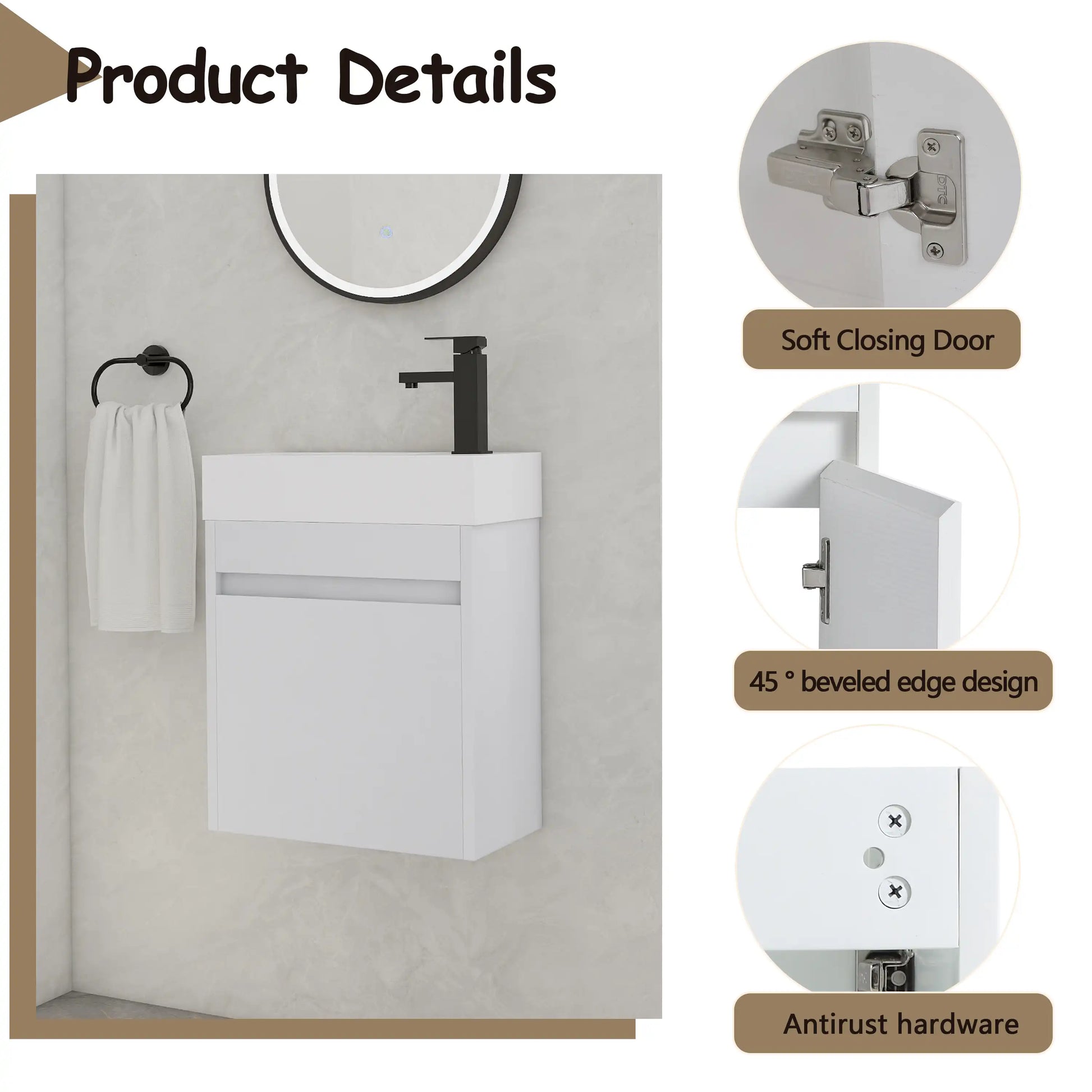 18'' Floating Bathroom Vanity with White Resin Sink & Soft-Close Door color: White Straight Grain