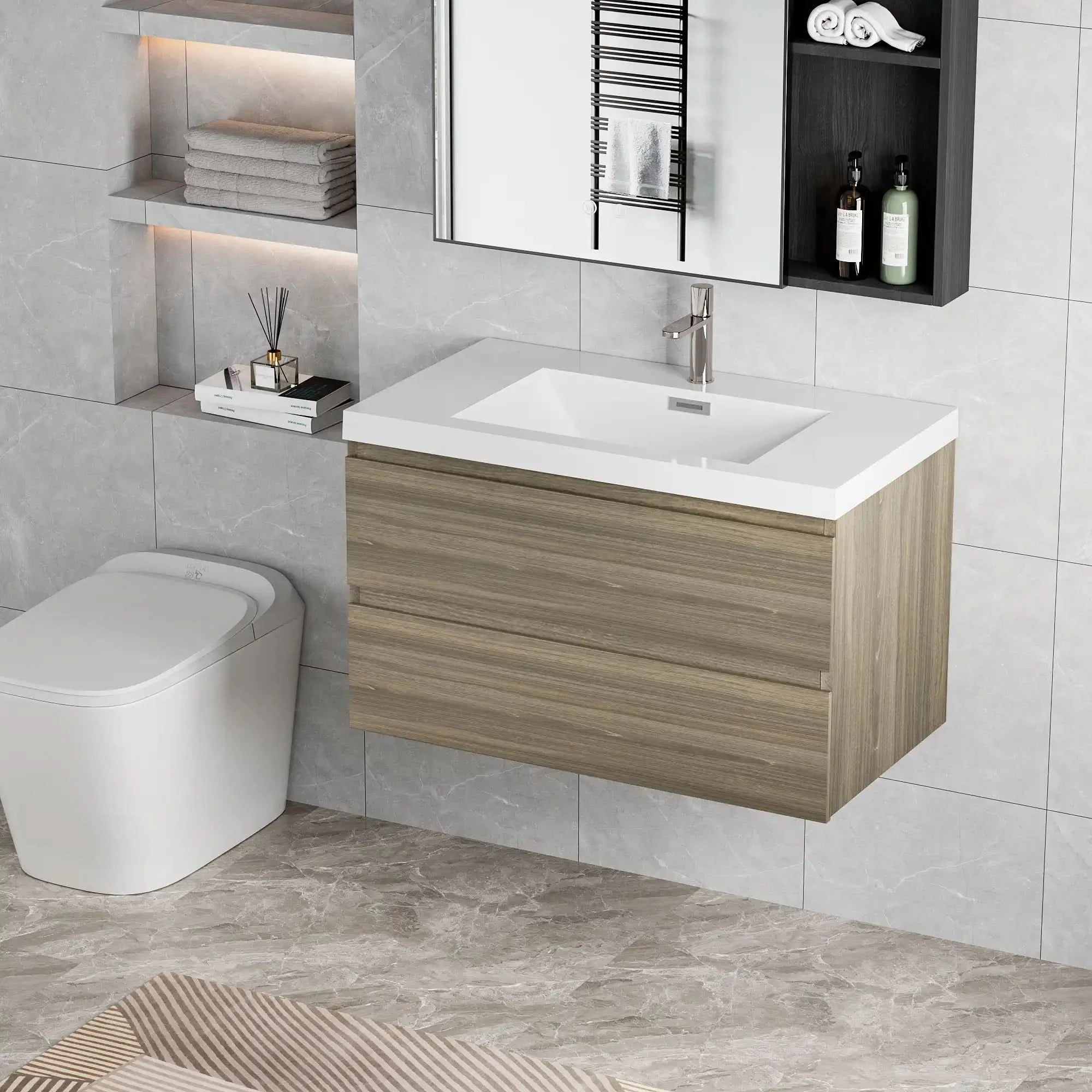 Floating Bathroom Vanity with Resin Top Basin &amp; Soft Close Drawers - Modern Wall-Mounted Storage Cabinet color: Ash Grey