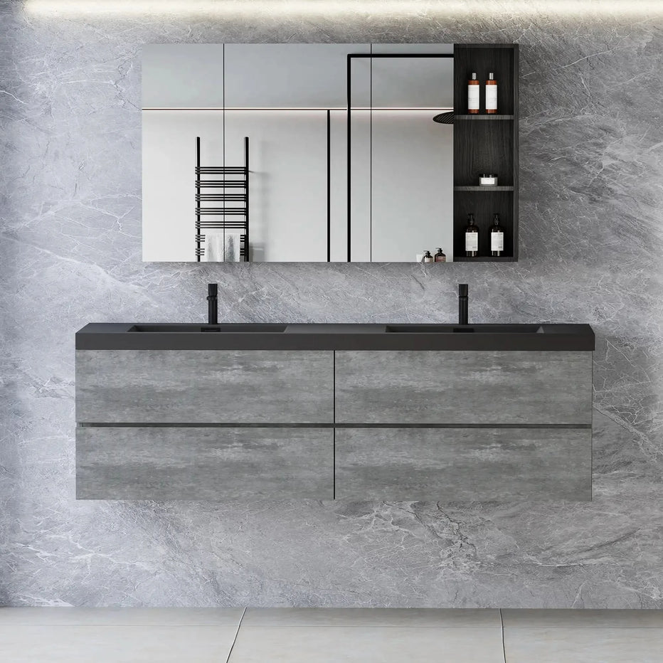 59/71 Dark Grey Floating Bathroom Vanity with 2 Matte Black Quartz Sinks