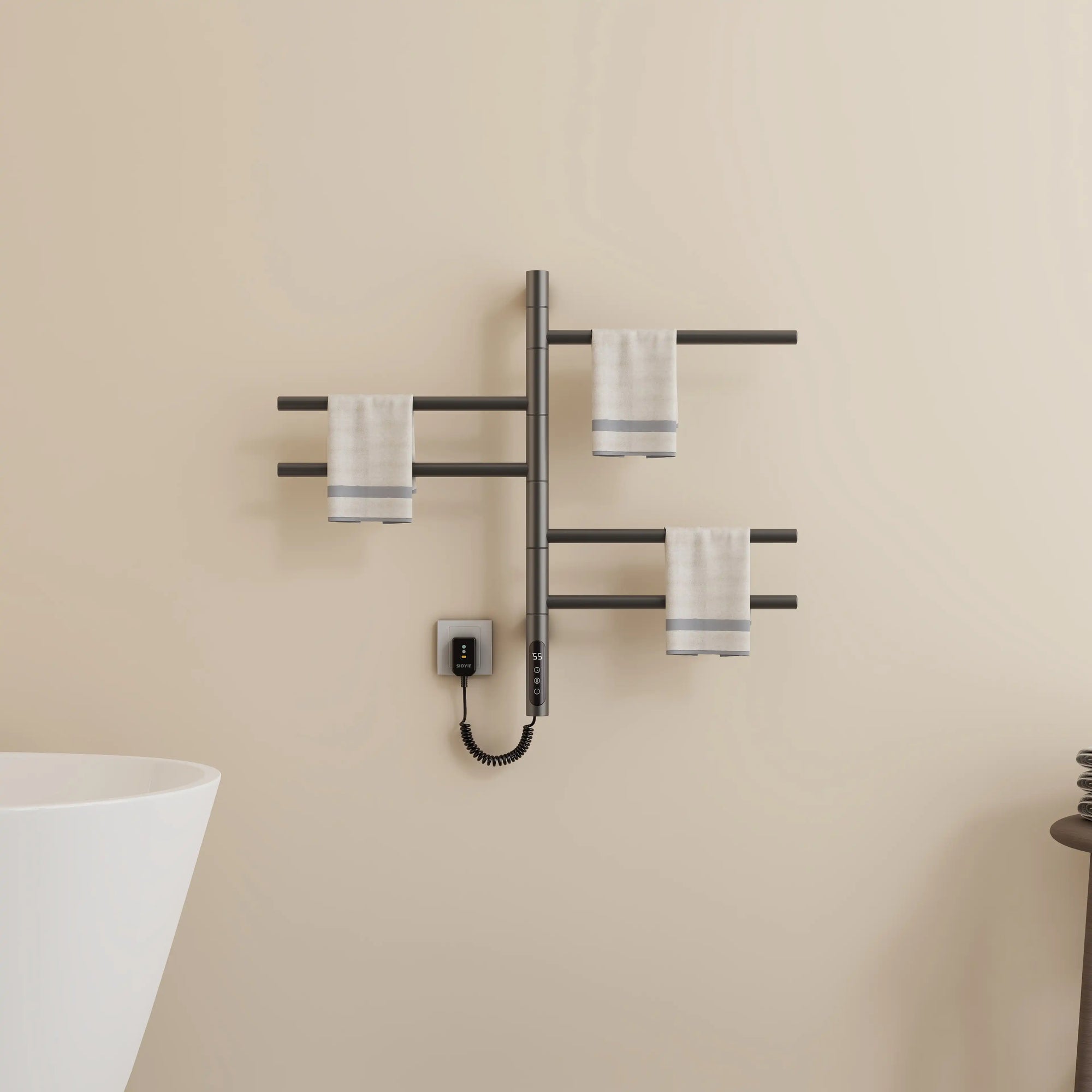 Gray Orven Series towel heater rack 16 x 27 with towels hanging on wall-mounted design | Ace Decor