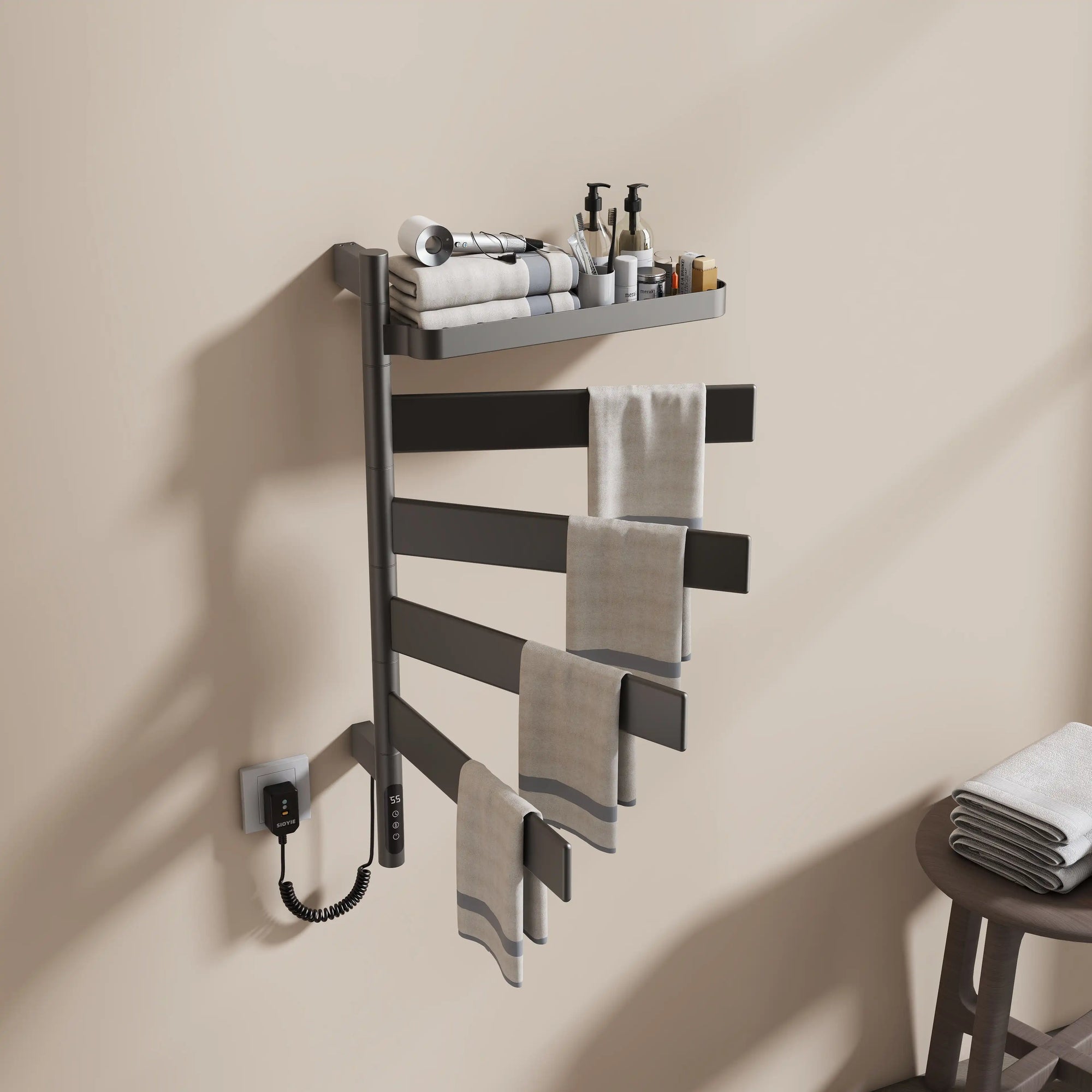 gray electric heated towel rack 18 x 30 with towels and top shelf for bathroom storage | Ace Decor