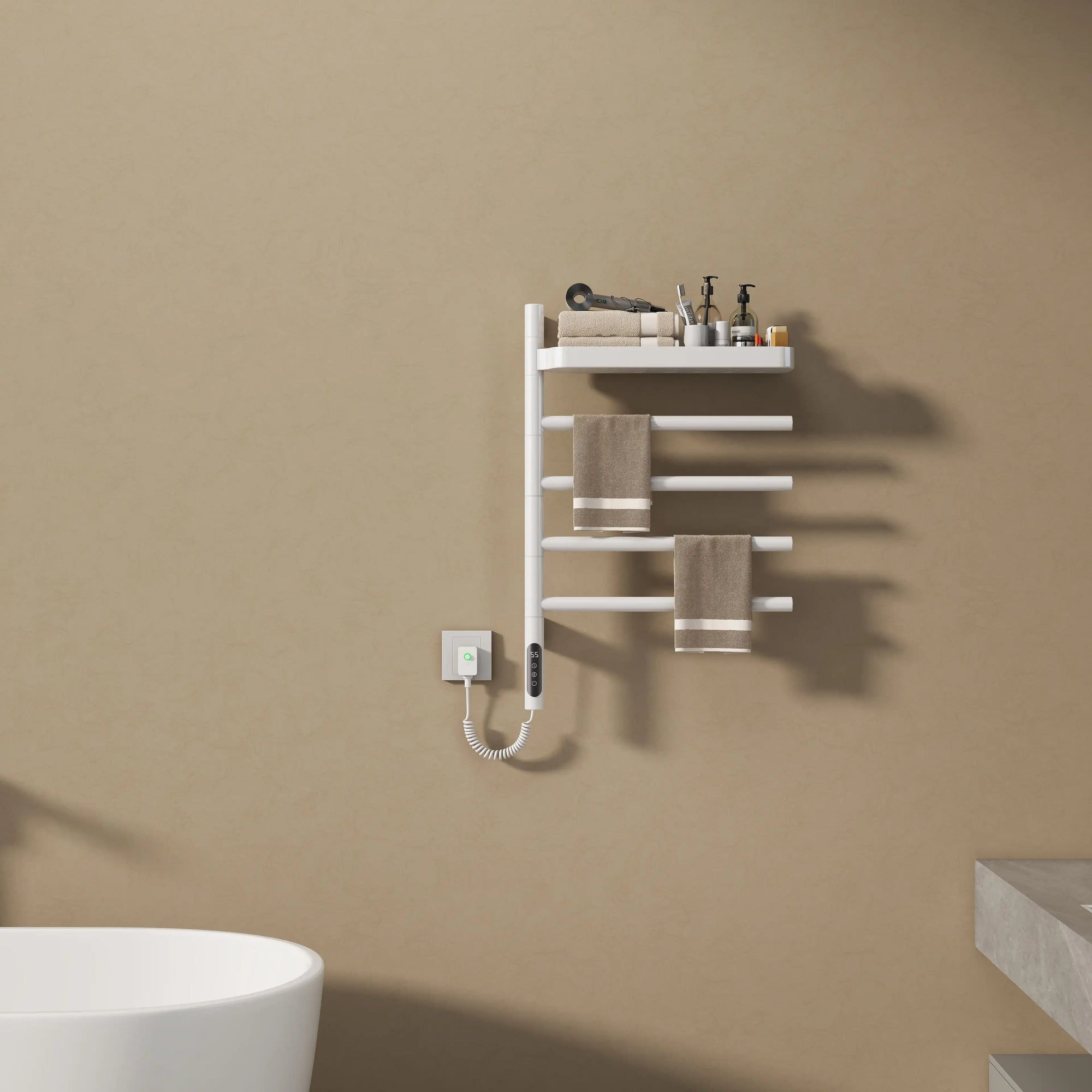 sleek white wall mounted heated towel rack 18 x 27 with storage shelf and hanging towels | Ace Decor