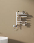 sleek white wall mounted heated towel rack 18 x 27 with storage shelf and hanging towels | Ace Decor