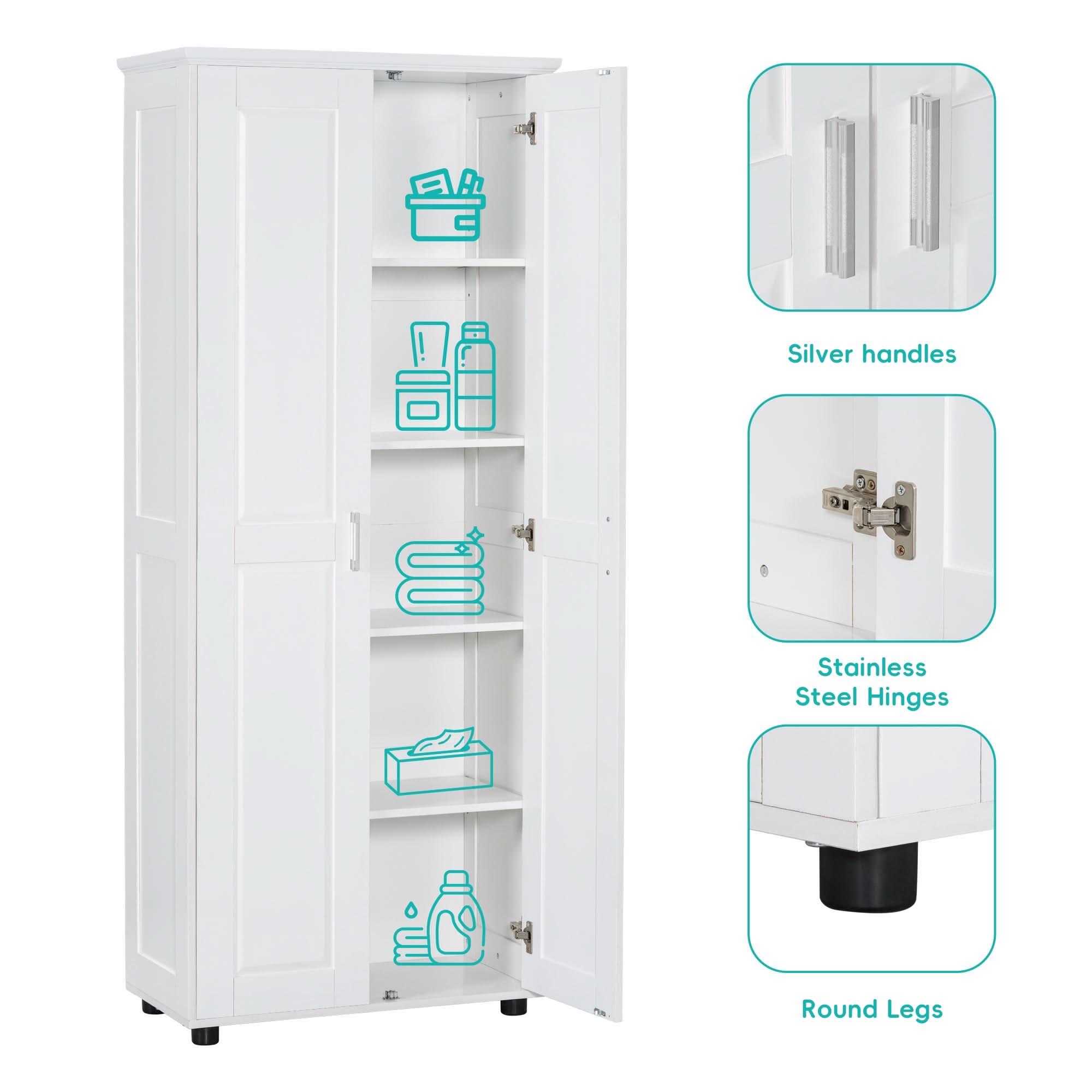 White bathroom cabinet with close-up details of silver handles, stainless steel hinges, and round support legs.