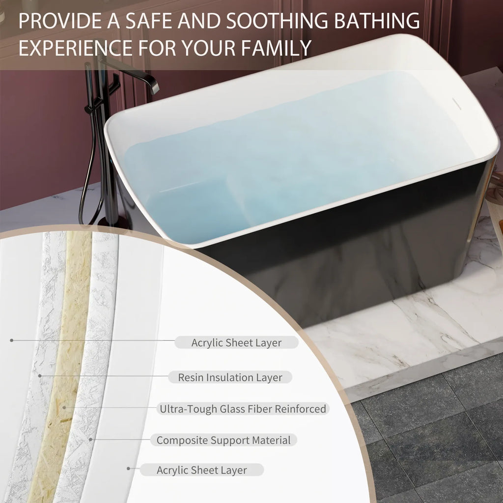 Nectar black multi-layer acrylic bathtub construction showing insulation, fiberglass reinforcement, and durable surface.