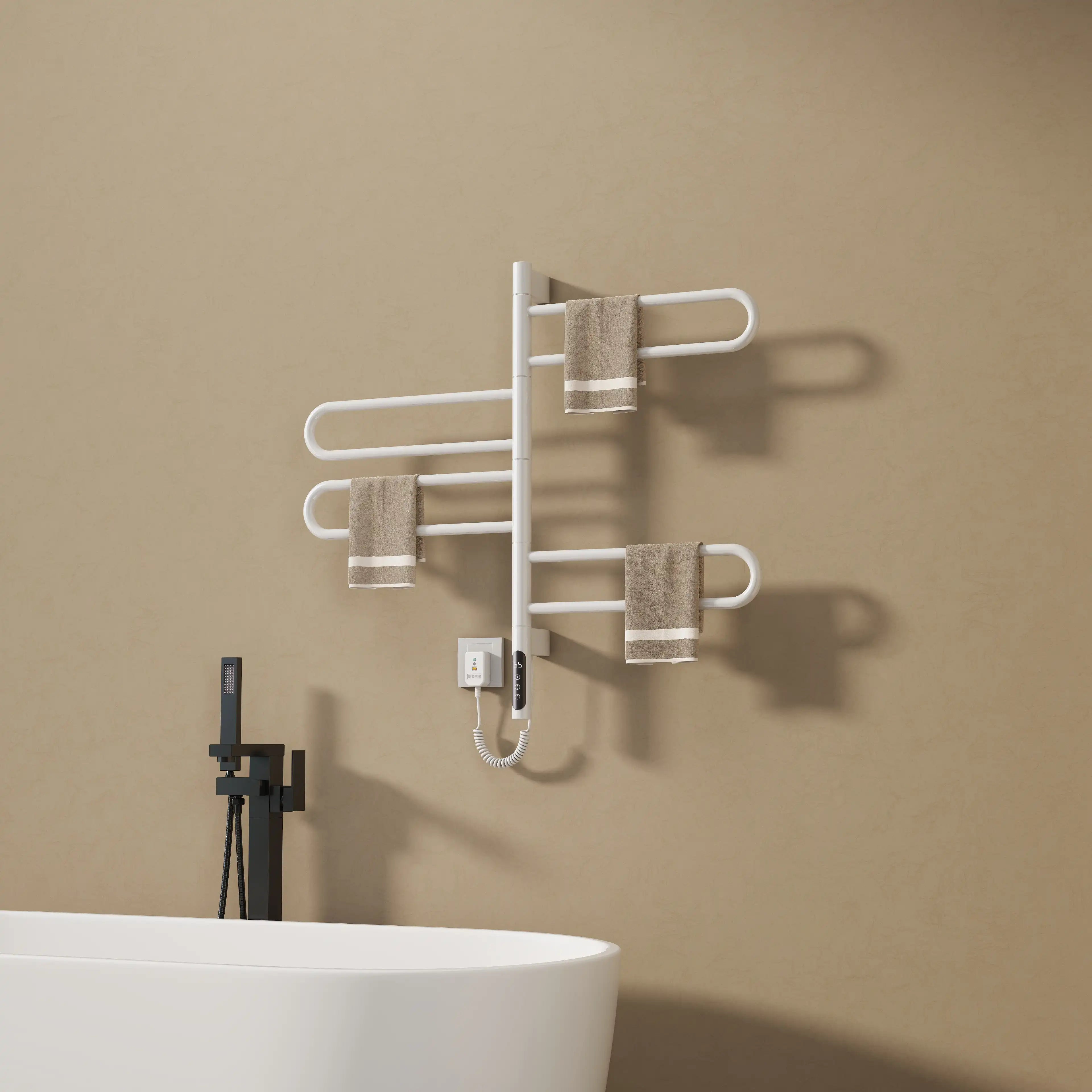 17 x 31 electric towel bar warmer with four curved swing arms showing dual hanging space design | Ace Decor