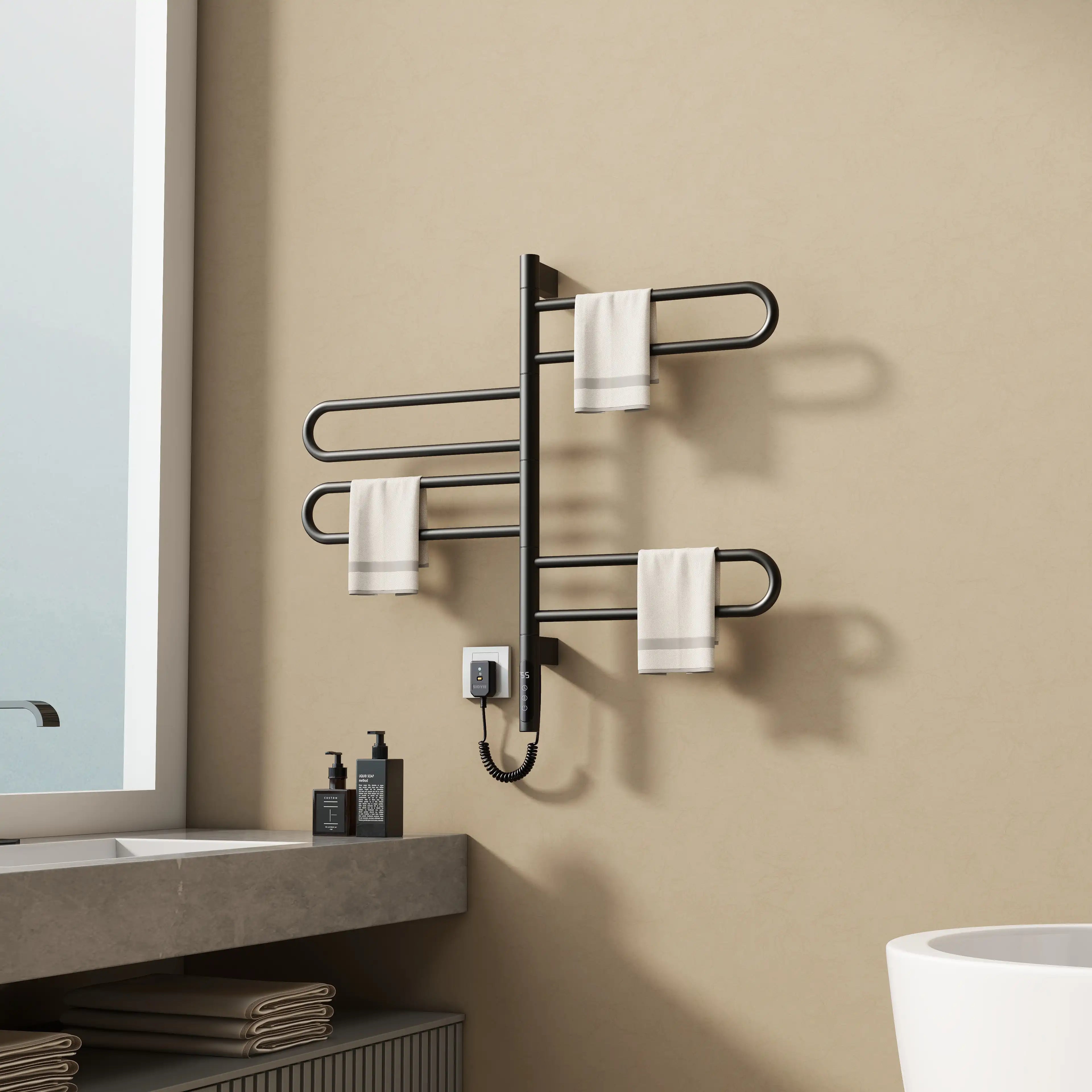 17 x 31 electric towel rack warmer in black, showing dual hanging design for multiple towels.