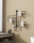 17 x 31 electric towel rack warmer in black, showing dual hanging design for multiple towels.