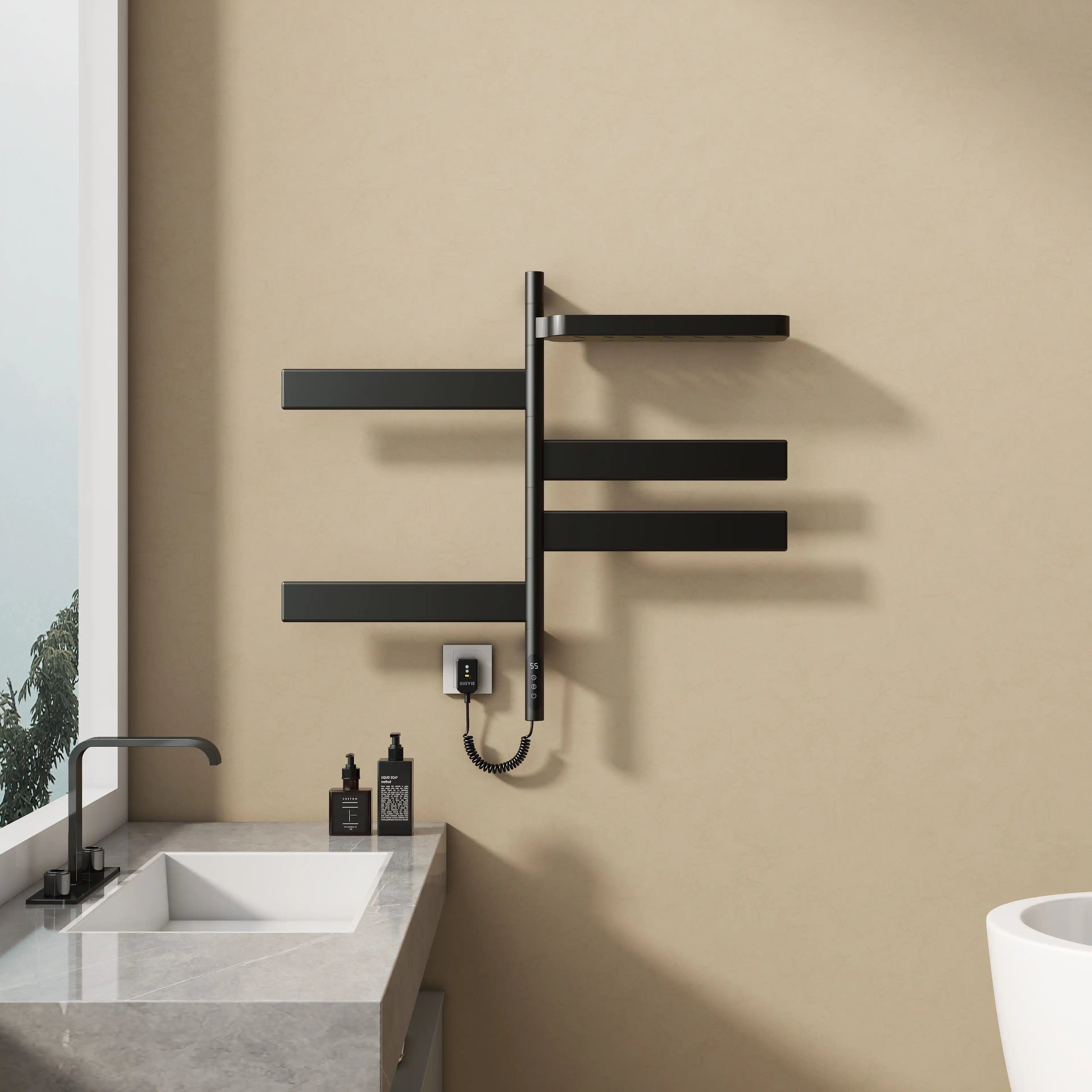 Matte black heated towel rack 18 x 30 wall mounted design.
