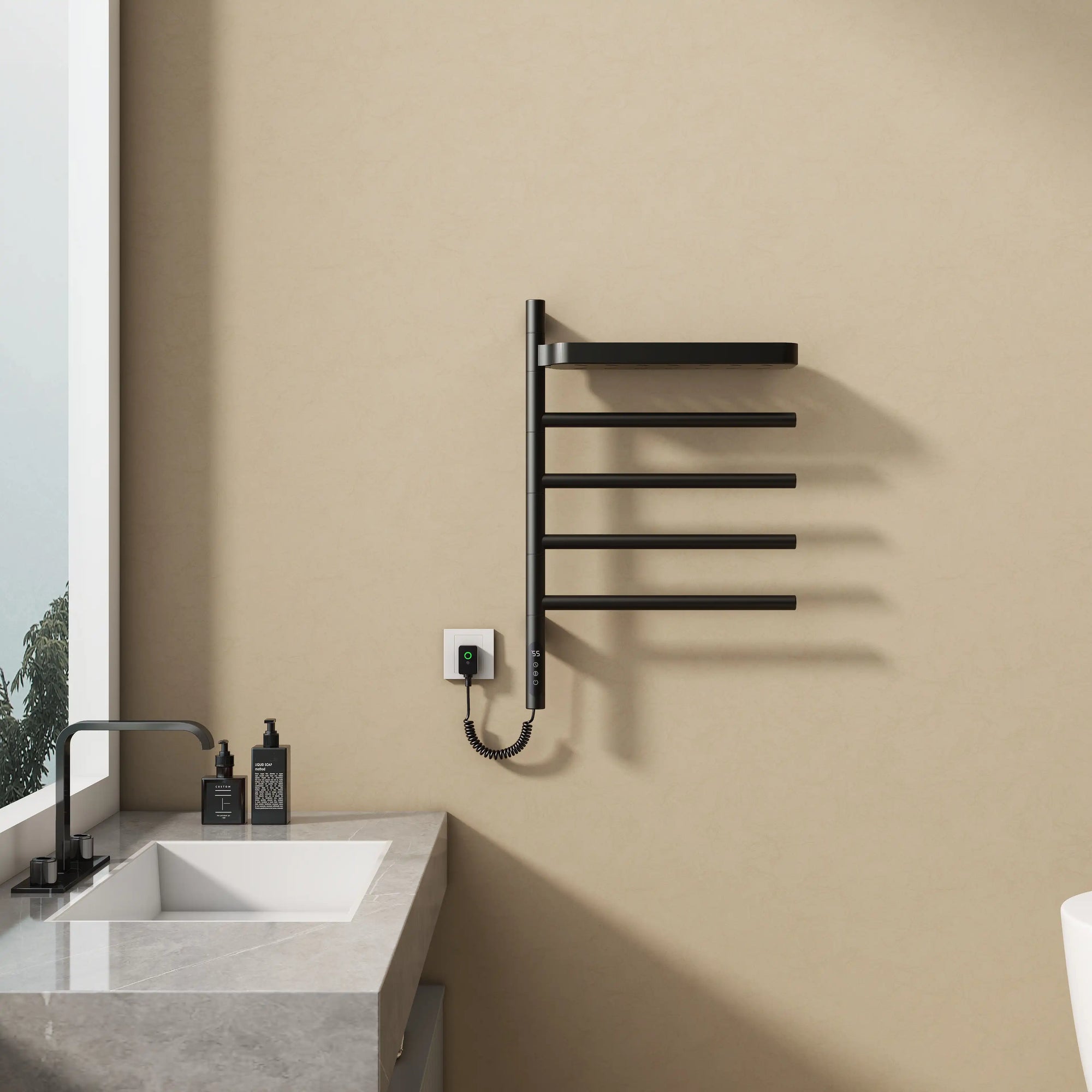 sleek black best heated towel rack 18 x 27 with five bars and foldable shelf for compact bathroom space | Ace Decor