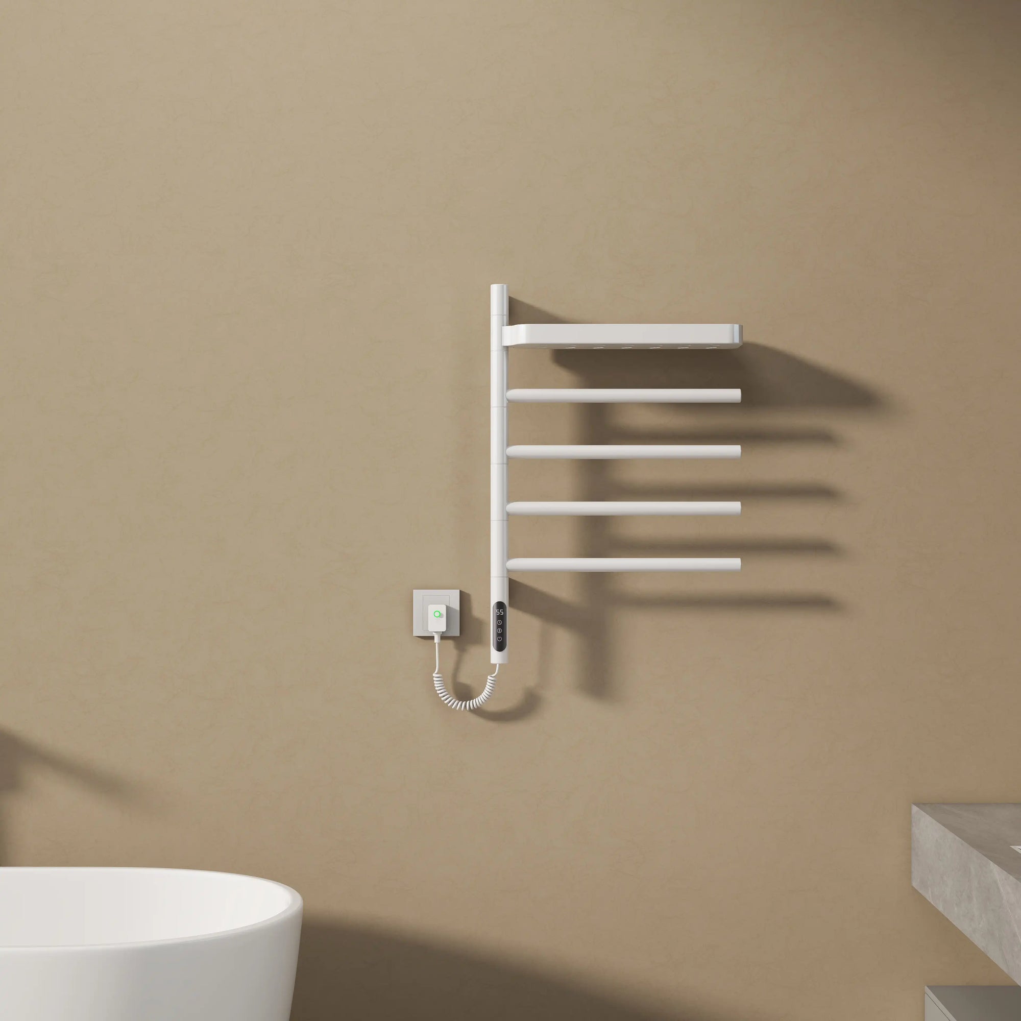 modern white wall mounted heated towel rack 18 x 27 with foldable bars for bathroom use | Ace Decor