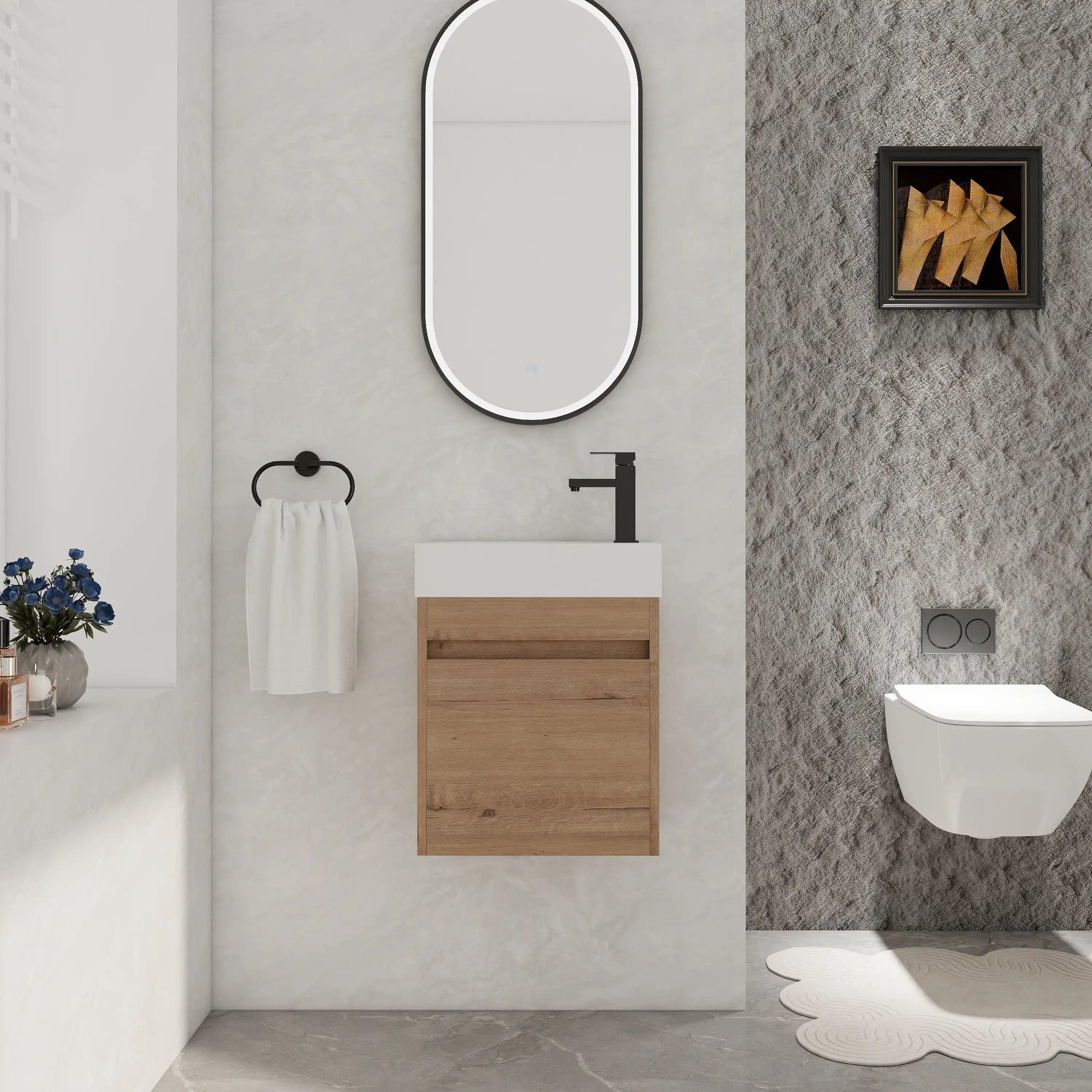 Front view styling of 18" wall mount bathroom sink vanity highlighting floating design and compact proportions.