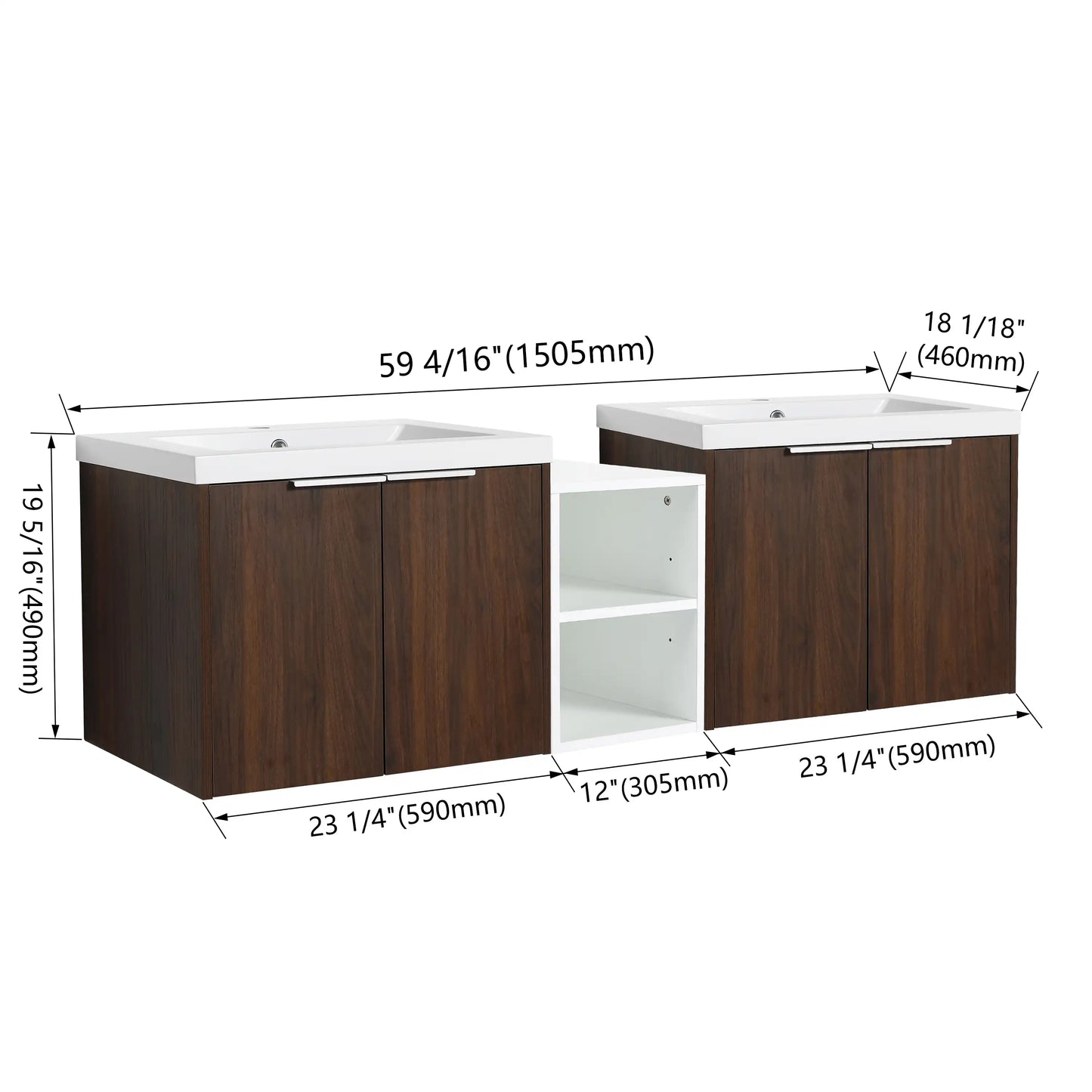 Floating Bathroom Cabinet with Sink & Soft-Close Doors - Ideal for Small Bathrooms color: California Walnut | size: 59 inch | combination: Middle Side Cabinet