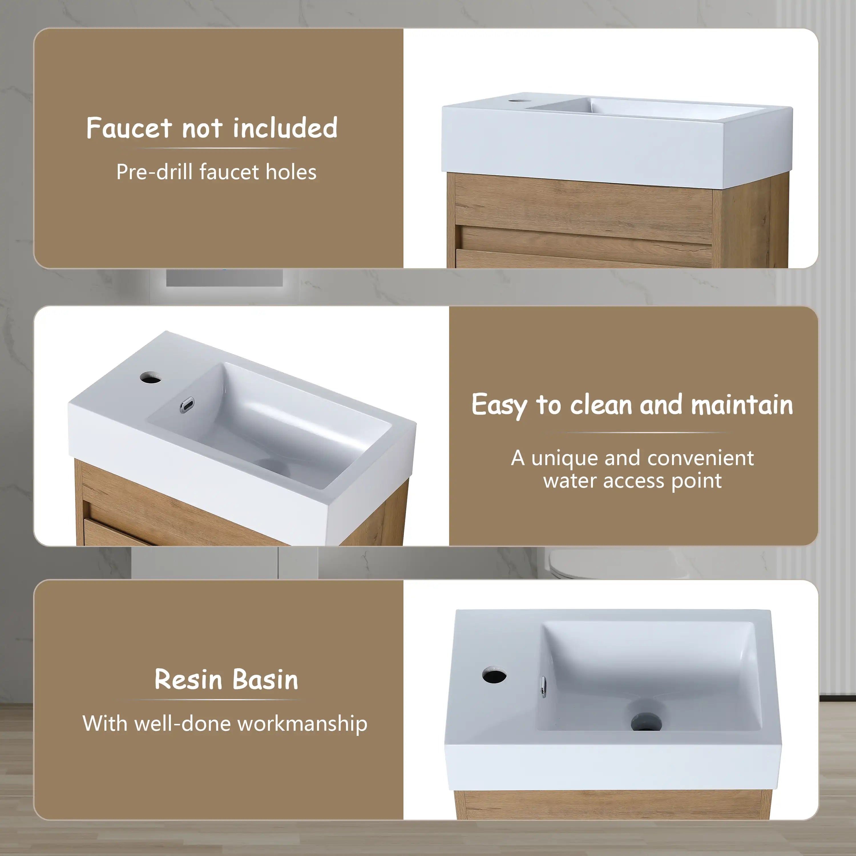 Product feature details of 18" wall mount bathroom sink vanity showing pre-drilled faucet hole and resin basin.