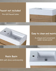 Product feature details of 18" wall mount bathroom sink vanity showing pre-drilled faucet hole and resin basin | Ace Decor