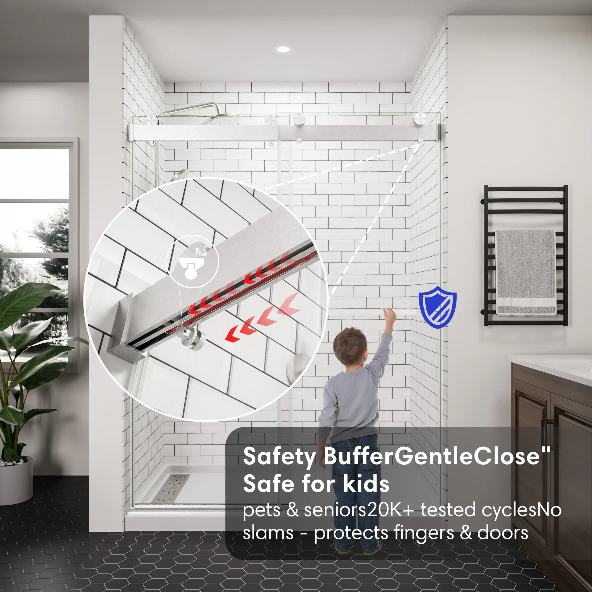 Soft-close safety feature on a 60 x 76 frameless glass sliding shower door | Ace Decor