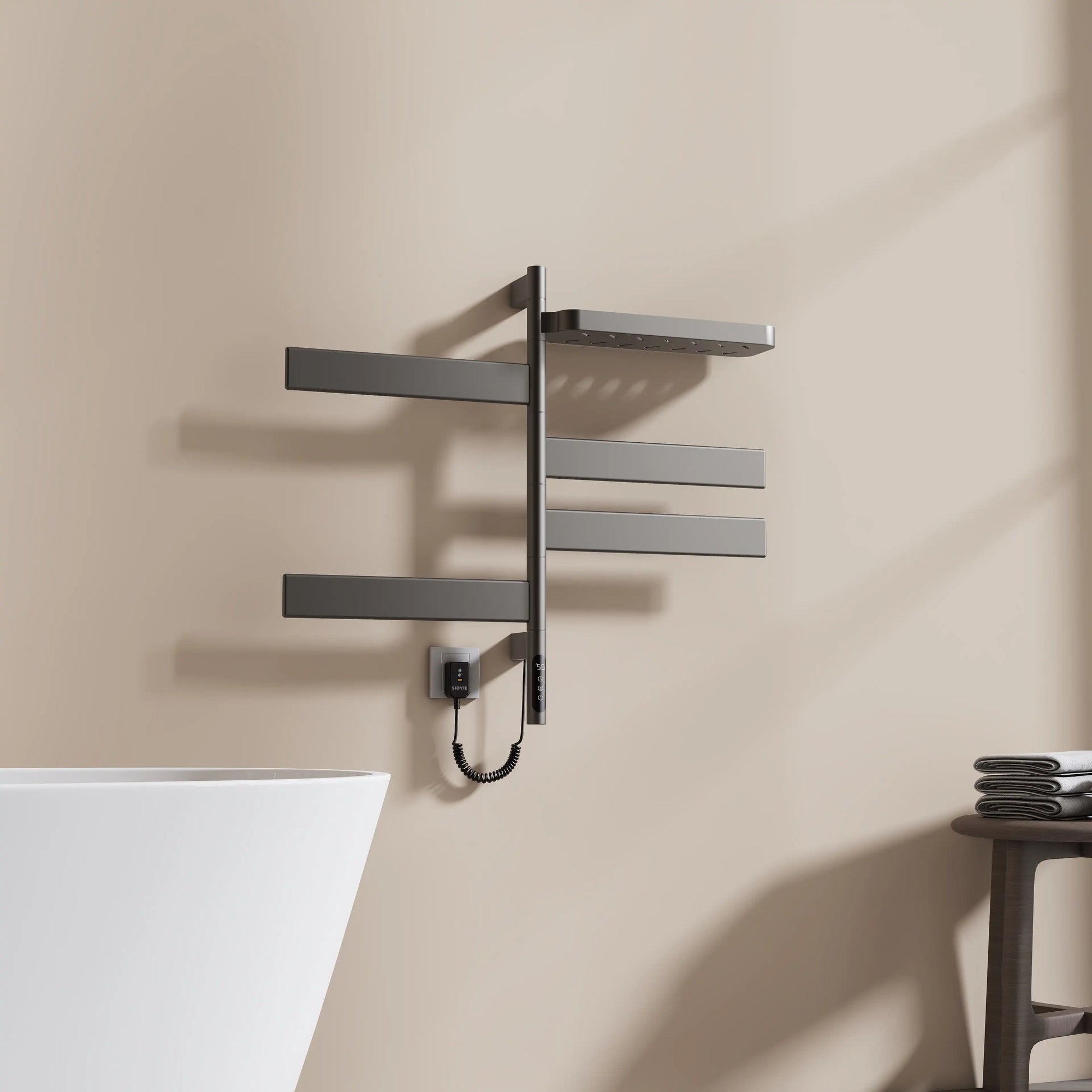 wall mounted gray heated towel rack 18 x 30 with foldable shelf and 180° rotating bars | Ace Decor