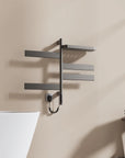 wall mounted gray heated towel rack 18 x 30 with foldable shelf and 180° rotating bars | Ace Decor
