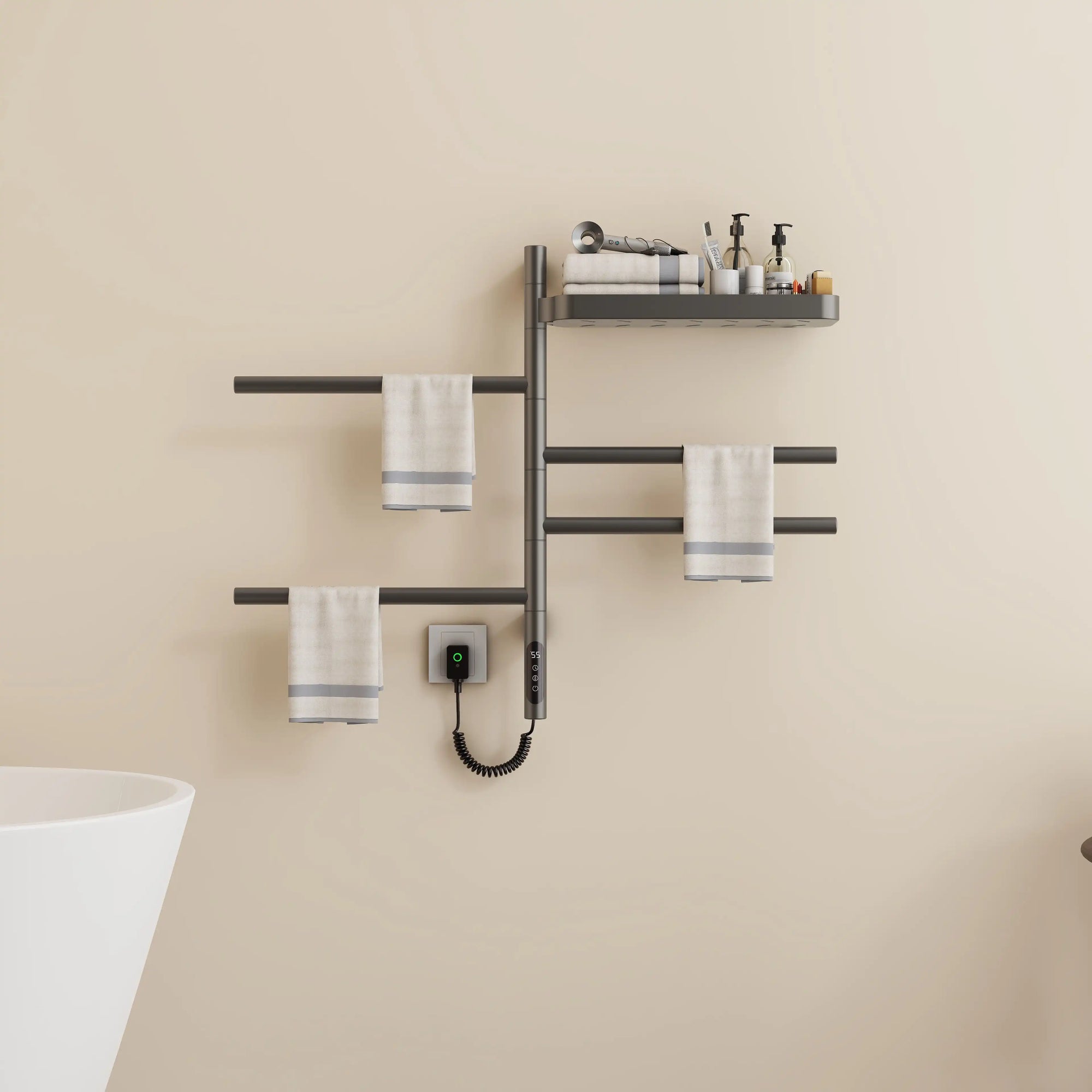 gray heated towel rack with shelf 18 x 27 featuring folded towels and storage tray | Ace Decor