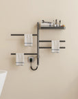 gray heated towel rack with shelf 18 x 27 featuring folded towels and storage tray | Ace Decor