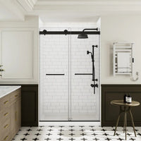 Front view of matte black sliding shower door, frameless 48 x 74 | Ace Decor