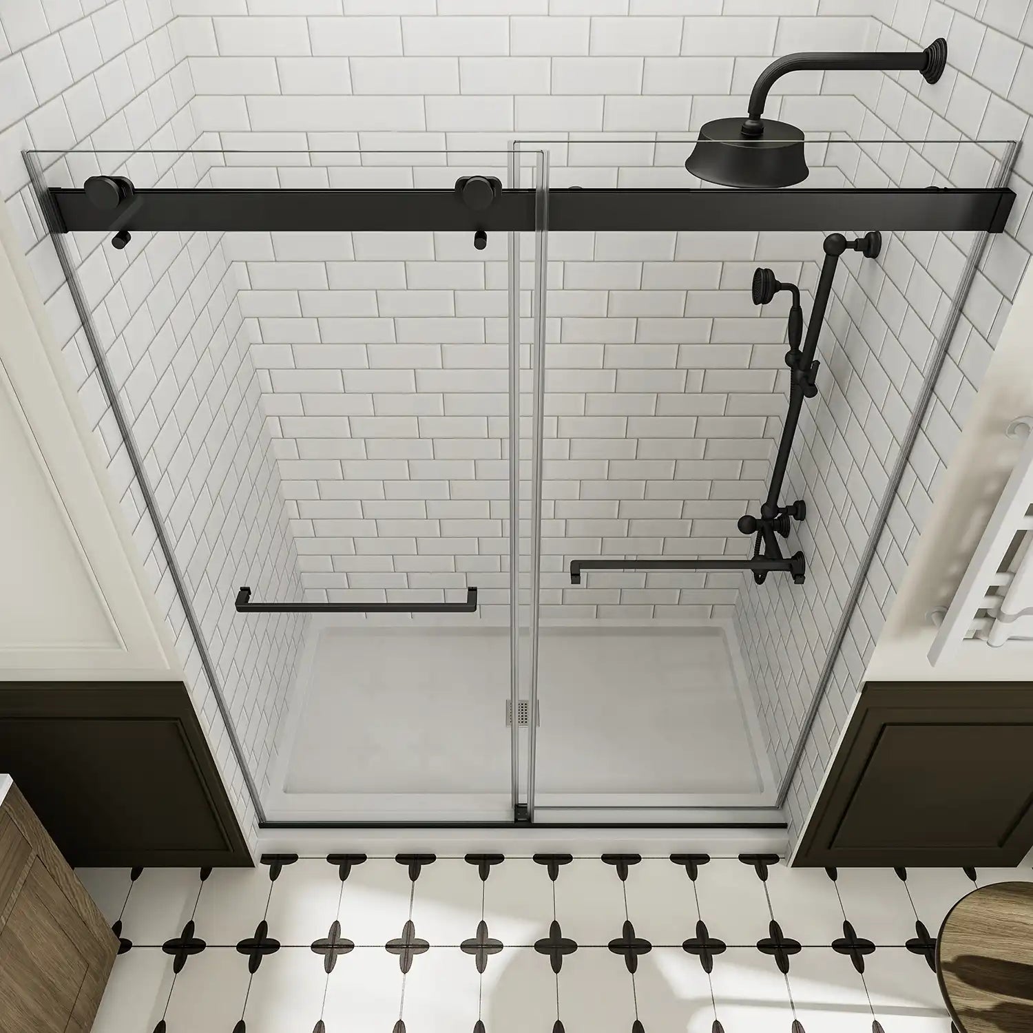 48&quot; x 74&quot; Black Frameless Double Sliding Shower Door with Soft-Close - Leak-Proof, Easy-Clean