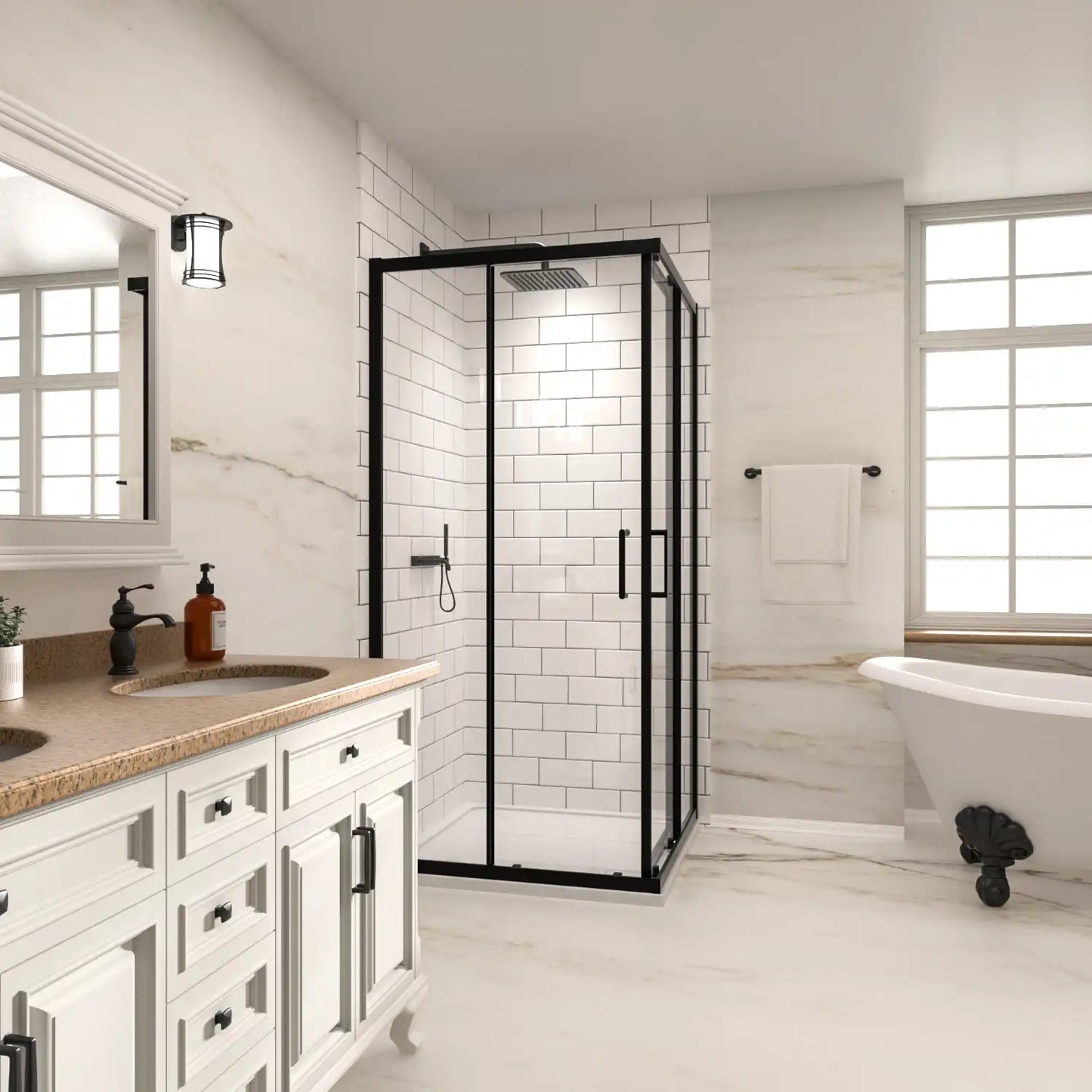 36" x 72" Corner Shower Enclosure - Black Double Sliding Glass Shower Door