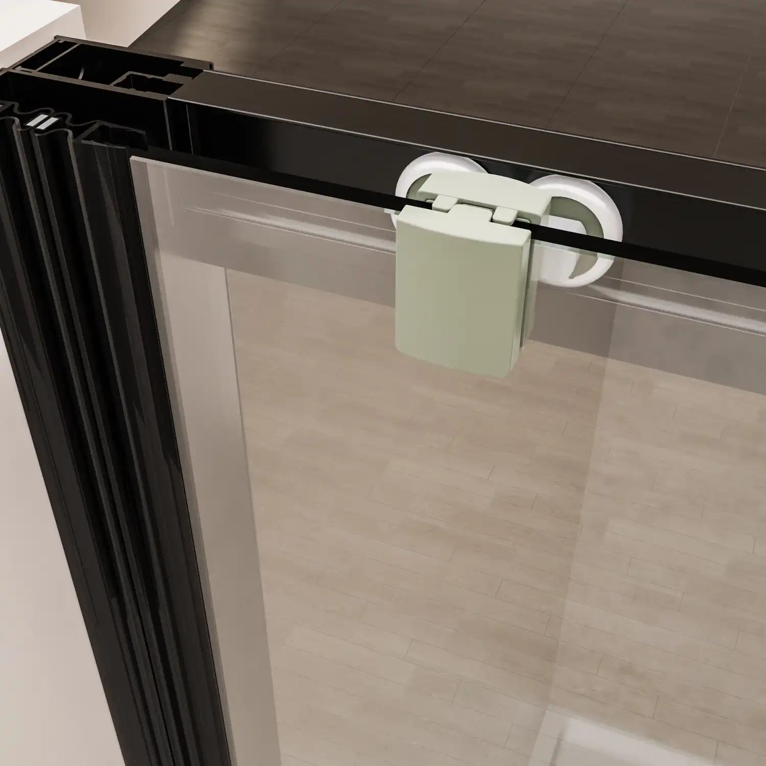 Close-up of Brivio shower door upper roller system for smooth and quiet shower door sliding.