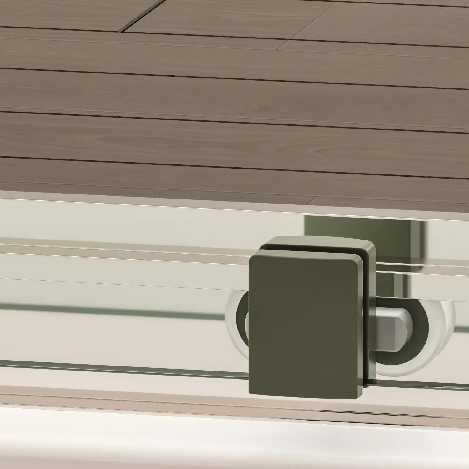 Close-up of the bottom roller with quick release and smooth sliding design on Brivio Series shower door.