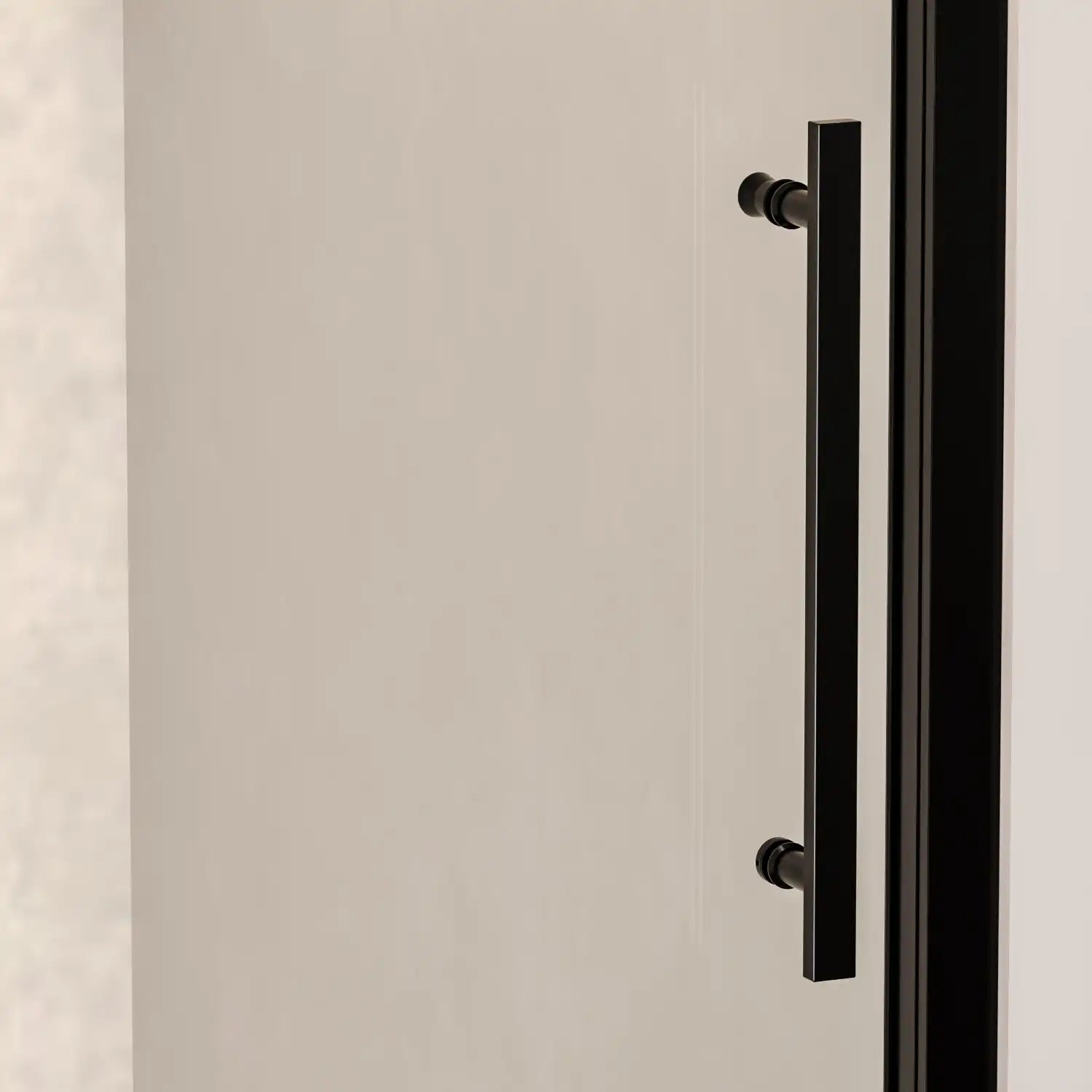 Close-up of Brivio matte black sliding shower door with sleek stainless steel handle.