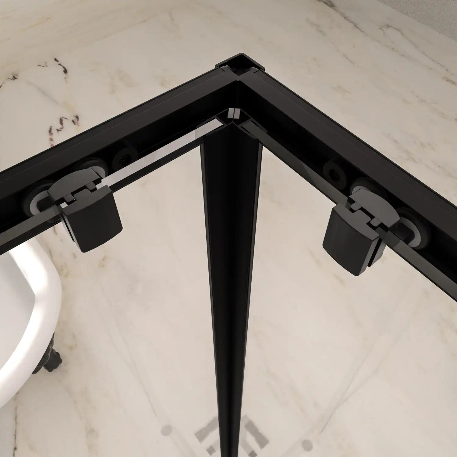 Close up of the top rollers and magnetic sealing strip of the corner shower enclosure.
