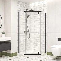 Velora semi-frameless shower enclosure with matte black frame in a stylish bathroom setting.