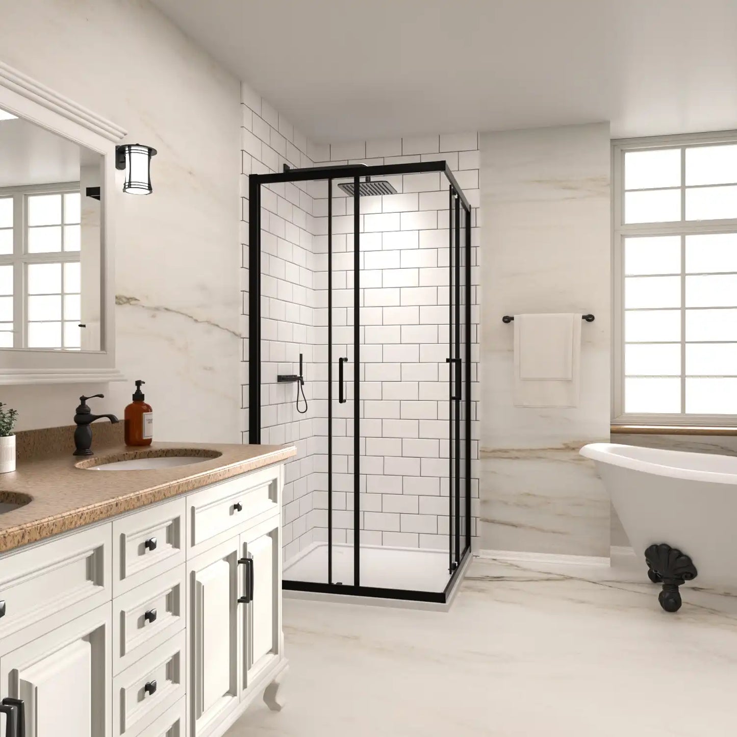 36" x 72" Corner Shower Enclosure - Black Double Sliding Glass Shower Door