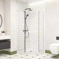 36" x 36" x 72" semi-frameless corner angle shower in matte white finish, modern bathroom setting.