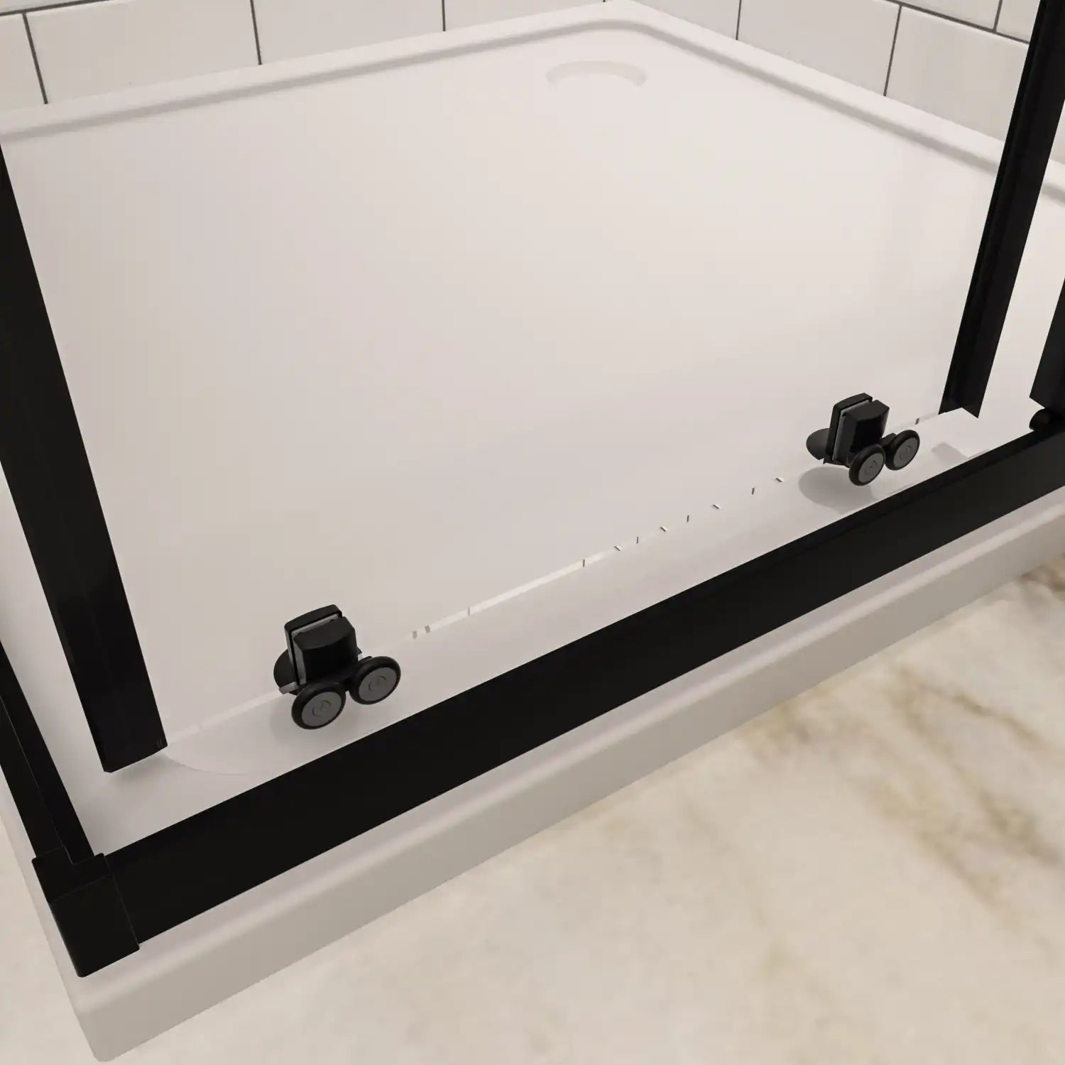 Quick release bottom rollers of the matte black corner shower enclosure.